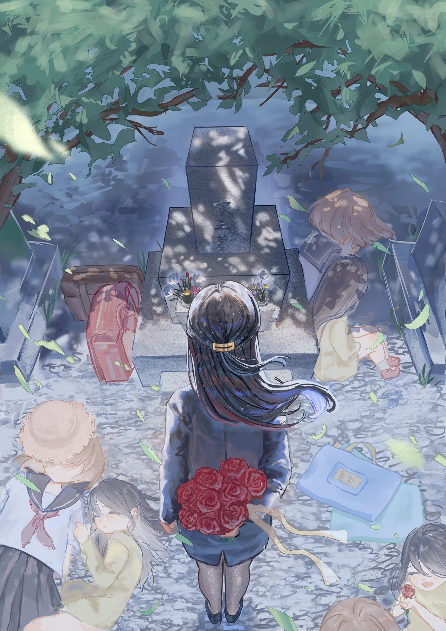 kurose sui, original, highres, 2girls, bag, black sailor collar, black skirt, blonde hair, blue dress, bouquet, branch, dress, flower, from behind, grave, hat, holding, holding bouquet, leaf, long hair, long sleeves, medium hair, multiple girls, neckerchief, red flower, red neckerchief, sailor collar, school uniform, shirt, skirt, standing, straw hat, tombstone, tree, tree shade, white hair, white shirt, yellow dress
