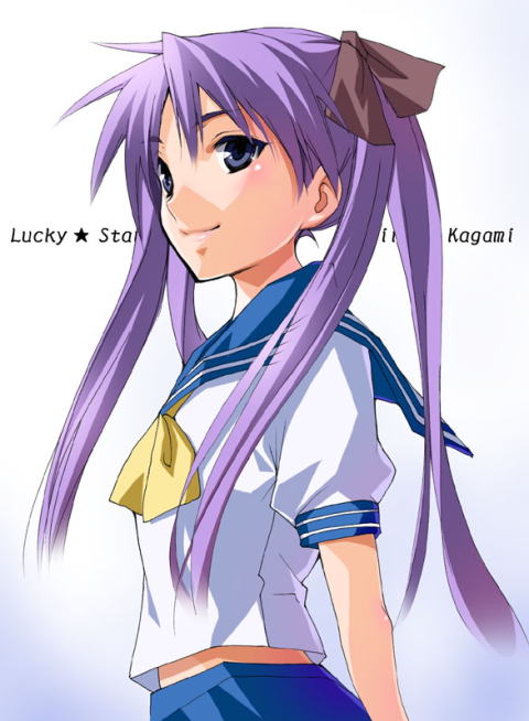 azu, hiiragi kagami, lucky star, 00s, 1girl, blue eyes, blue skirt, closed mouth, female focus, long hair, looking at viewer, neckerchief, pink hair, puffy short sleeves, puffy sleeves, sailor collar, school uniform, serafuku, short sleeves, sidelocks, simple background, skirt, smile, solo, twintails, white background, yellow neckerchief