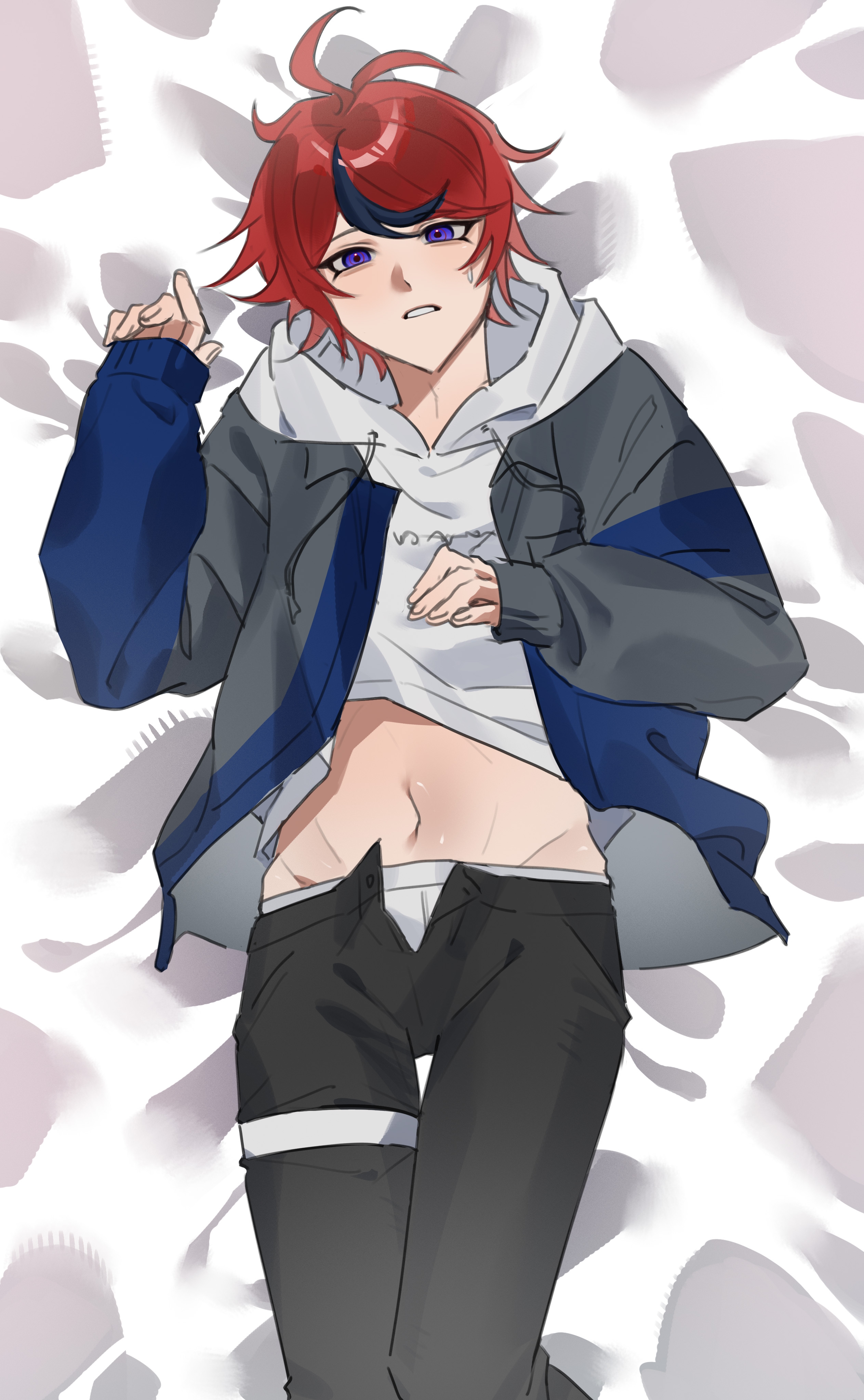 sumino takumi, the hundred line -last defense academy-, absurdres, chinese commentary, highres, variant set, 1374845497, 1boy, ahoge, black pants, black streaks, blue eyes, blue jacket, clothes lift, gloves, grey jacket, groping, hood, hoodie, hoodie lift, jacket, jacket over hoodie, looking at viewer, lying, male focus, male underwear, multicolored hair, multicolored jacket, navel, on back, open fly, pants, red hair, short hair, stomach, streaked hair, sweatdrop, two-tone jacket, underwear, white hoodie, white male underwear
