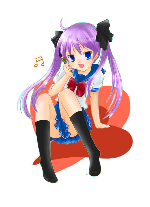 mahouni, hiiragi kagami, lucky star, 00s, 1girl, black socks, bow, bowtie, cellphone, female focus, phone, red bow, red bowtie, school uniform, serafuku, socks, solo