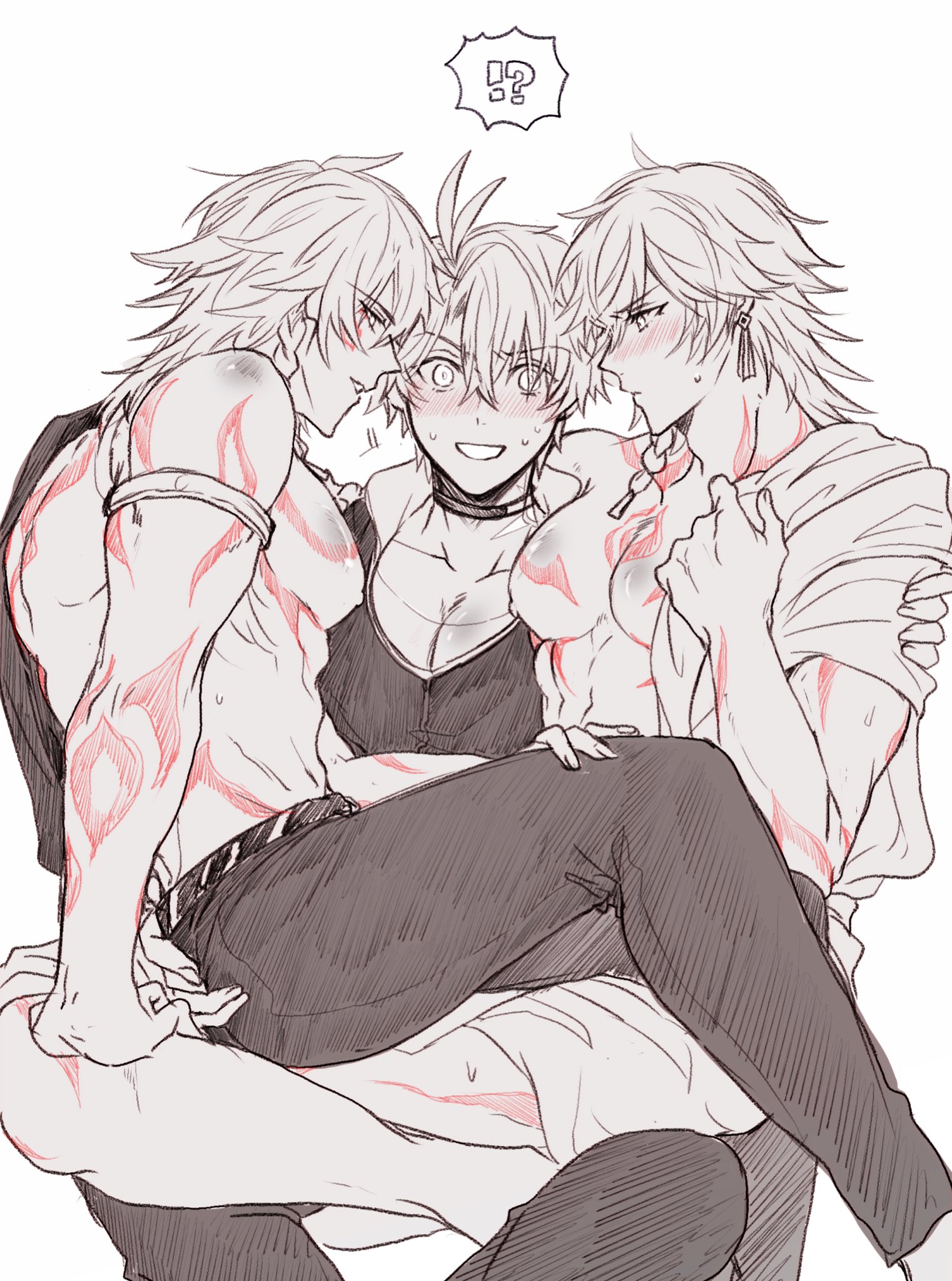 mydei (honkai: star rail), phainon (honkai: star rail), honkai: star rail, honkai (series), commentary request, highres, !?, 3boys, abs, antenna hair, arm tattoo, armlet, black coat, black pants, blush, chest tattoo, coat, earrings, facial tattoo, greyscale, hair between eyes, hand on another's shoulder, jewelry, large pectorals, male focus, medium hair, meshiau79187, monochrome, multiple boys, muscular, muscular male, open clothes, open coat, pants, pectorals, red tattoo, short hair, simple background, sitting, sitting on lap, sitting on person, tattoo, white background, yaoi