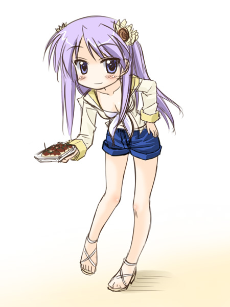 masakichi (crossroad), hiiragi kagami, lucky star, 00s, denim, denim shorts, feet, food, high heels, purple hair, sandals, shoes, shorts, solo, takoyaki, toes