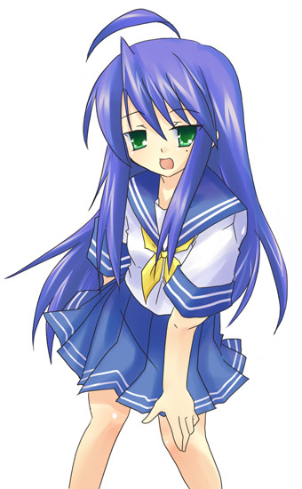 umitosoratomoe, izumi konata, lucky star, 00s, 1girl, ahoge, blue skirt, female focus, green eyes, leaning forward, long hair, mole, mole under eye, neckerchief, pleated skirt, sailor collar, school uniform, serafuku, simple background, skirt, solo, very long hair, white background, yellow neckerchief