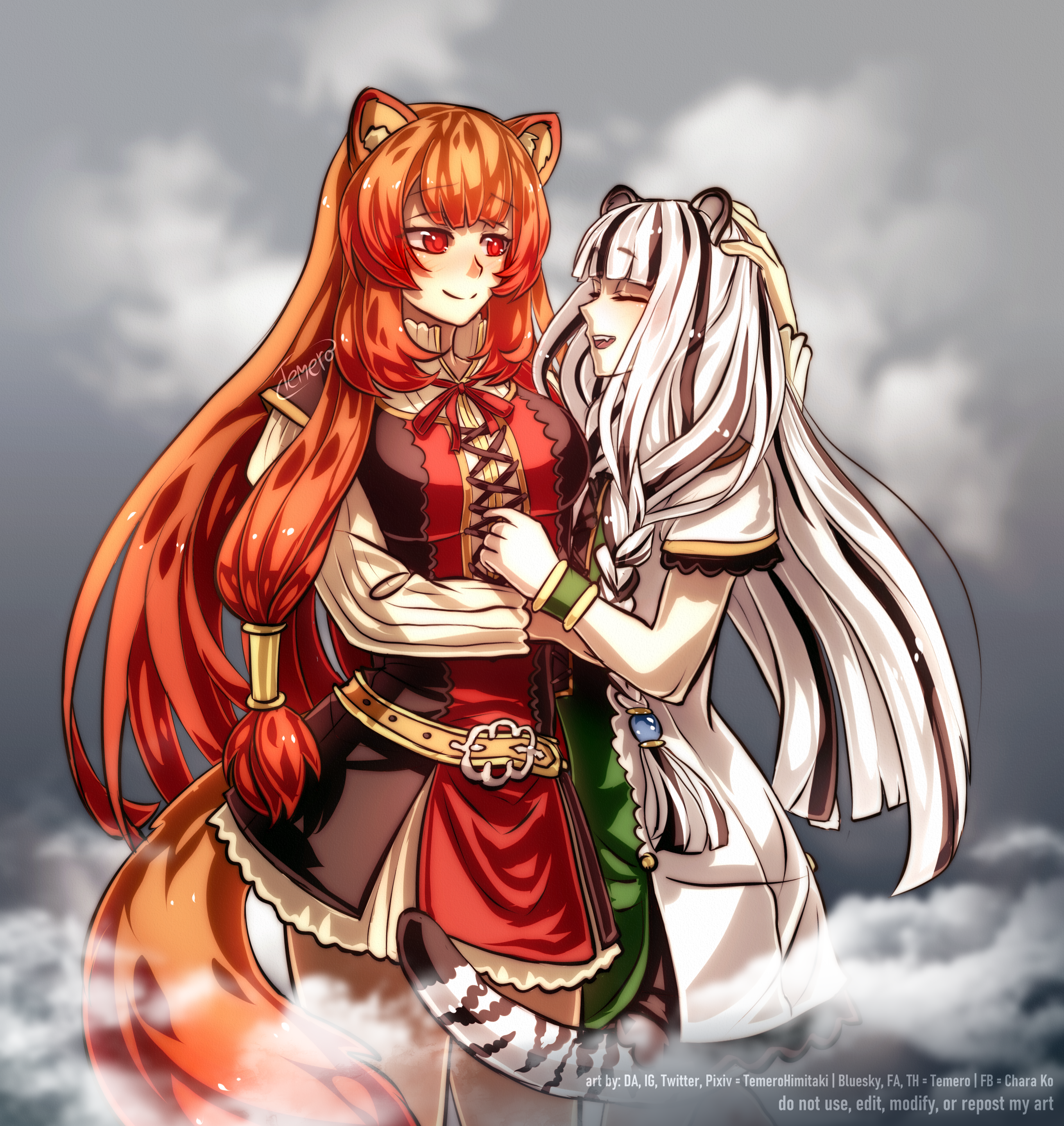 temerohimitaki, atla fayon, raphtalia, tate no yuusha no nariagari, absurdres, commentary, english commentary, highres, 2girls, :d, animal ear fluff, animal ears, artist name, belt, black dress, black hair, blind, bluesky username, blunt bangs, blunt ends, breasts, brown belt, brown hair, closed eyes, closed mouth, collared dress, cowboy shot, deviantart username, dress, facebook username, facing another, flat chest, furaffinity username, gradient hair, greed dre, grey background, hand on another's chest, hand on another's head, hand up, high collar, hug, instagram username, large breasts, layered dress, long hair, long sleeves, looking at another, metal hair tubes, multicolored dress, multicolored hair, multiple girls, neck ribbon, open mouth, pinstripe dress, pinstripe pattern, pixiv username, raccoon ears, raccoon girl, raccoon tail, red dress, red eyes, red hair, red ribbon, ribbon, short dress, short sleeves, sleeveless, sleeveless dress, smile, smoke, standing, streaked hair, tail, tiger ears, tiger girl, tiger tail, twitter username, two-tone dress, white dress, white hair, yuri