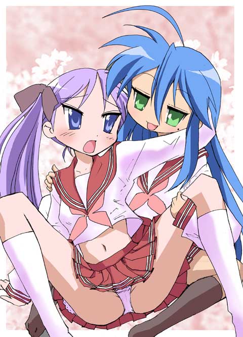 wasu, hiiragi kagami, izumi konata, lucky star, 00s, 2girls, blue eyes, blue hair, cameltoe, female focus, green eyes, kneehighs, leg hold, mole, mole under eye, multiple girls, navel, open mouth, panties, pantyshot, pleated skirt, purple hair, red skirt, school uniform, serafuku, skirt, socks, spread legs, underwear, yuri