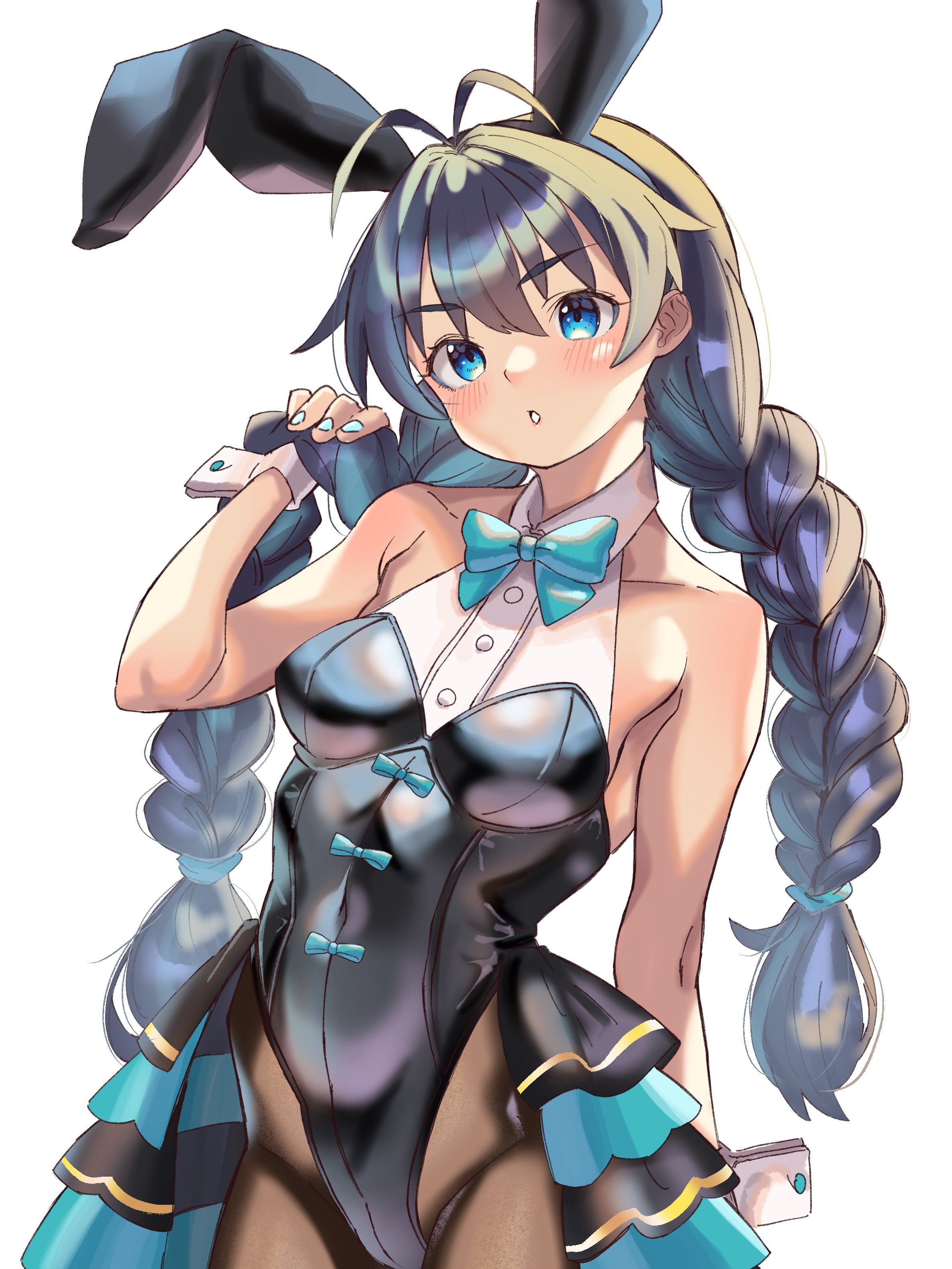 anjerain, ganaha hibiki, idolmaster, idolmaster (classic), absurdres, highres, 1girl, animal ear hairband, animal ears, antenna hair, black hair, black leotard, blue bow, blue bowtie, blue eyes, blue nails, blush, bow, bowtie, braid, breasts, cowboy shot, fake animal ears, fingernails, hairband, hand up, leotard, long hair, looking ahead, nail polish, parted lips, playboy bunny, rabbit ear hairband, rabbit ears, showgirl skirt, simple background, solo, standing, twin braids, white background, white wrist cuffs, wrist cuffs
