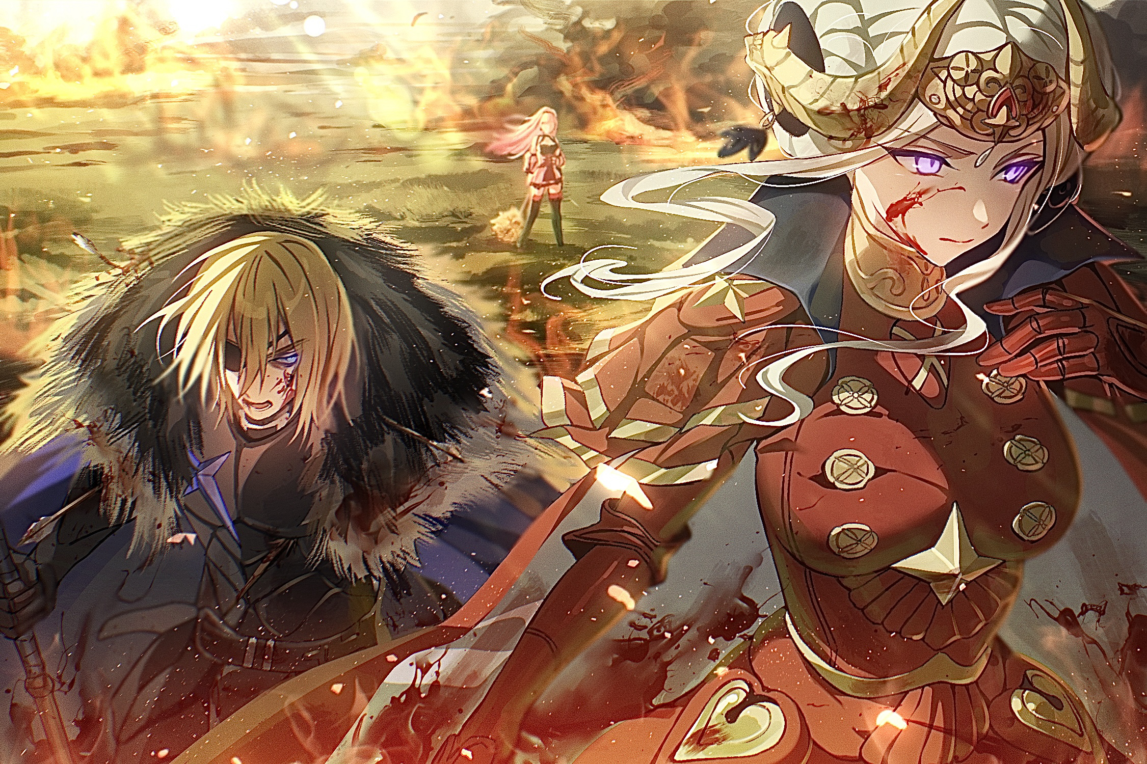 soma otakuu, dimitri alexandre blaiddyd, dimitri alexandre blaiddyd (timeskip), edelgard von hresvelg, edelgard von hresvelg (timeskip), hilda valentine goneril, hilda valentine goneril (timeskip), fire emblem, fire emblem: three houses, nintendo, commentary request, highres, 1boy, 2girls, armored gloves, black gloves, blonde hair, blood, blood on face, blue coat, breasts, closed mouth, coat, dress, eyepatch, fake horns, fire, fur-trimmed coat, fur trim, gloves, horns, long hair, medium breasts, multiple girls, outdoors, pink hair, red dress, red gloves, serious, standing, white hair