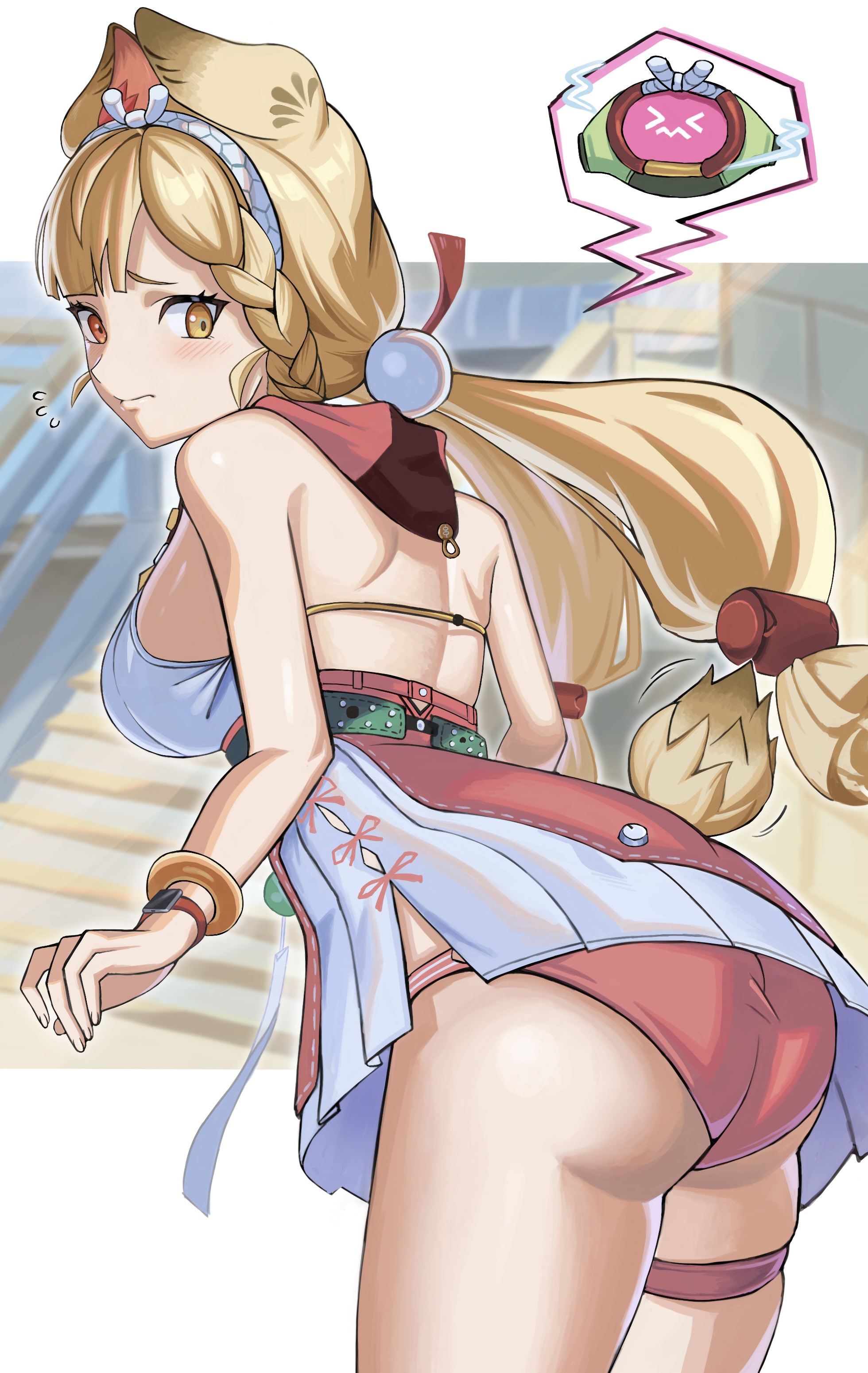 rxo2xs, alice thymefield, alice thymefield (sea of thyme), zenless zone zero, absurdres, commentary request, highres, 1girl, animal ears, ass, back, bare shoulders, blonde hair, breasts, cowboy shot, flying sweatdrops, heterochromia, long hair, looking back, low twintails, official alternate costume, orange eyes, rabbit ears, rabbit girl, rabbit tail, sphere hair ornament, spoken expression, swimsuit, tail, thigh strap, twintails, yellow eyes