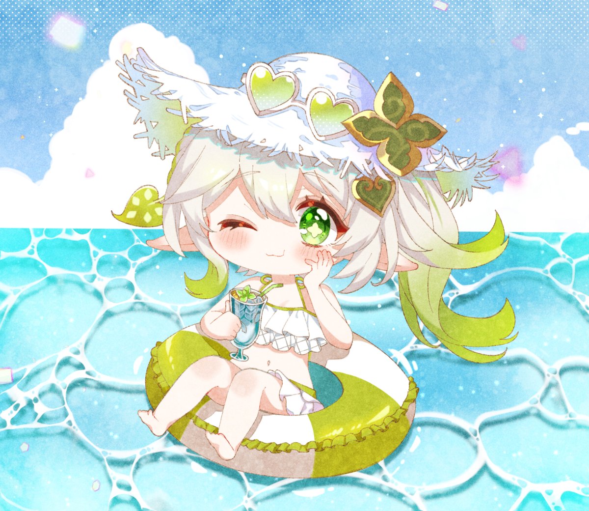 moco (moco 8854), nahida (genshin impact), genshin impact, commentary request, 1girl, alternate costume, bare shoulders, barefoot, bikini, blush, chibi, chibi only, closed mouth, cup, eyewear on head, frilled bikini, frills, gradient hair, green-tinted eyewear, green eyes, green hair, green innertube, hair between eyes, hair ornament, hand on own cheek, hand on own face, hat, heart, heart-shaped eyewear, holding, holding cup, leaf hair ornament, looking at viewer, multicolored hair, navel, on innertube, one eye closed, pointy ears, side ponytail, solo, star-shaped pupils, star (symbol), stomach, swimsuit, symbol-shaped pupils, tinted eyewear, white bikini, white hair, white hat