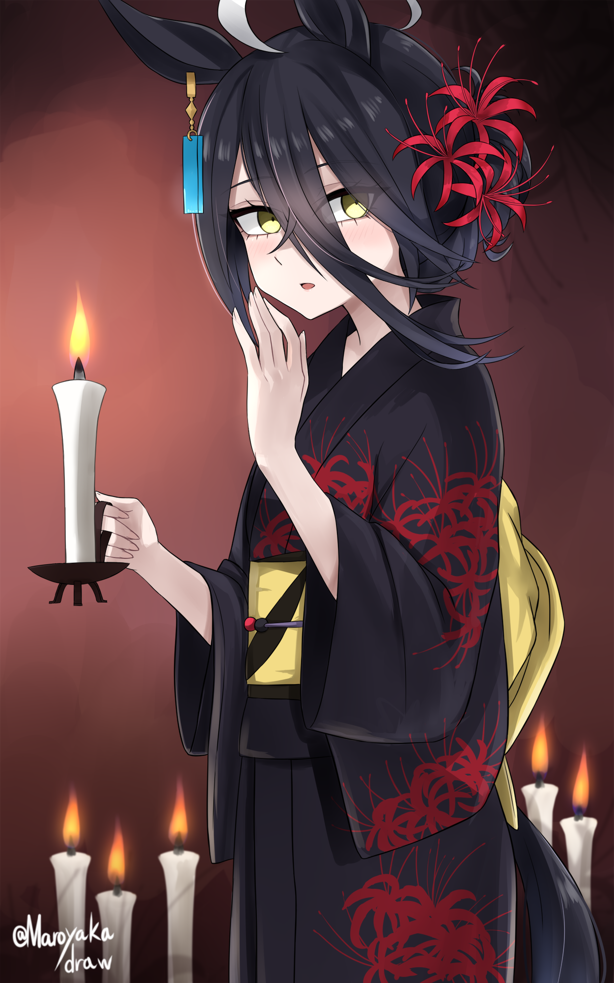 ibuki grunt, manhattan cafe (umamusume), umamusume, commentary request, highres, 1girl, ahoge, animal ears, artist name, black kimono, blonde hair, candlestand, ear ornament, ear tag, earrings, fire, floral print, flower, hair between eyes, hair bun, hair flower, hair ornament, hands up, horse ears, horse girl, horse tail, japanese clothes, jewelry, kimono, long bangs, long hair between eyes, long sleeves, looking at viewer, medium hair, multicolored hair, multicolored kimono, obi, official alternate costume, official alternate hairstyle, parted lips, red flower, red kimono, sash, single earring, single hair bun, solo, spider lily, tail, twitter username, white hair, wide sleeves, yellow eyes