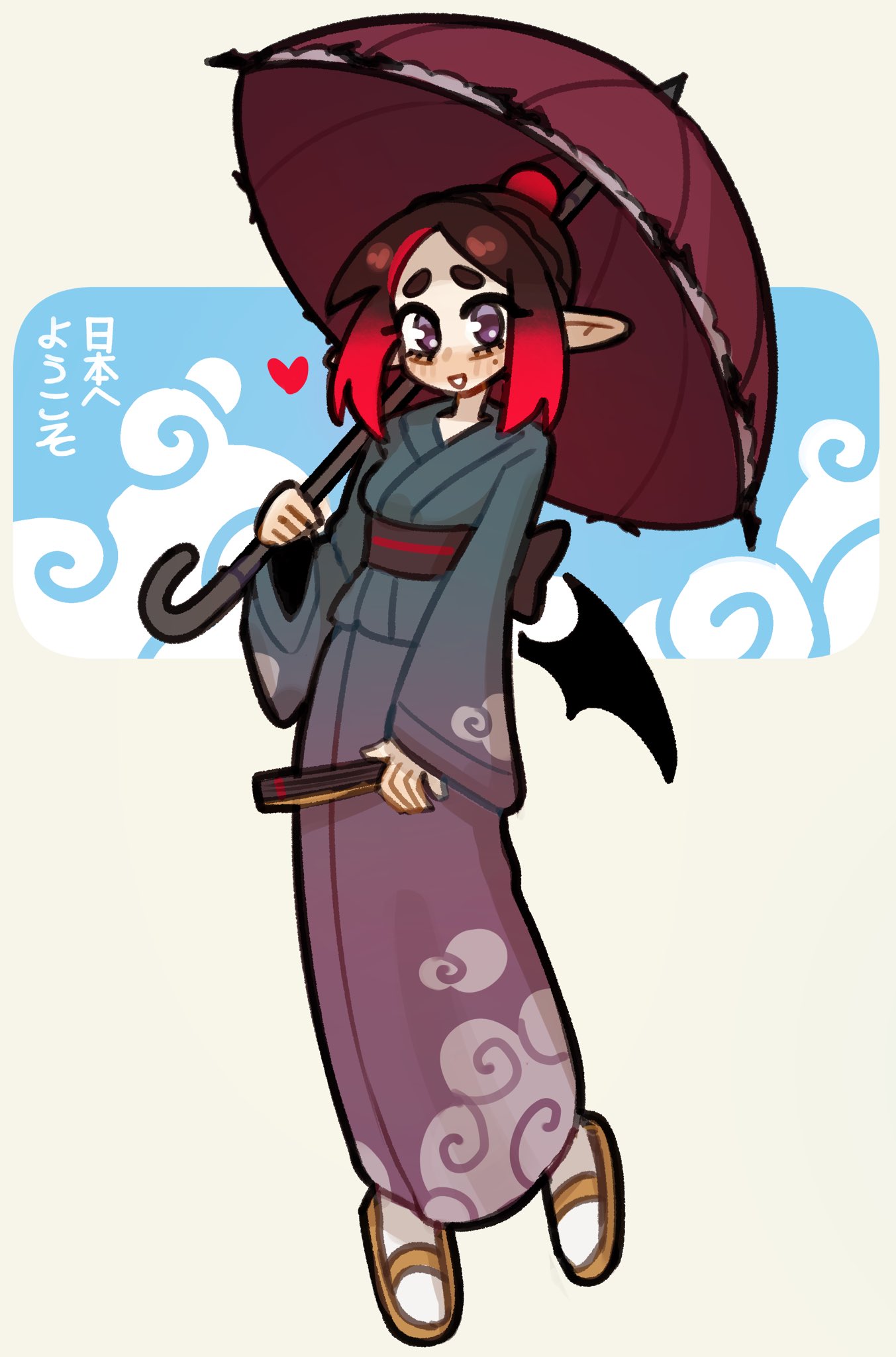 justadrian (yoadriandk), eleanor (justadrian), original, commentary, english commentary, highres, translated, 1girl, bat wings, blush, brown hair, bun with braided base, cloud print, flip-flops, full body, gradient hair, heart, japanese clothes, kimono, long pointy ears, long sleeves, looking at viewer, low wings, mole, mole under eye, multicolored hair, parasol, parted bangs, pointy ears, purple eyes, red hair, sandals, sash, simple background, smile, solo, thick eyebrows, umbrella, white background, wide sleeves, wings