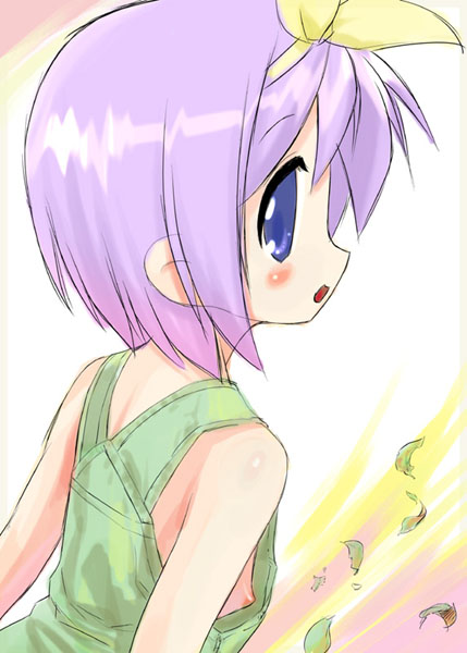 hiiragi tsukasa, lucky star, clothes, 00s, 1girl, blush, female focus, loli, nipples, purple hair, solo, upper body