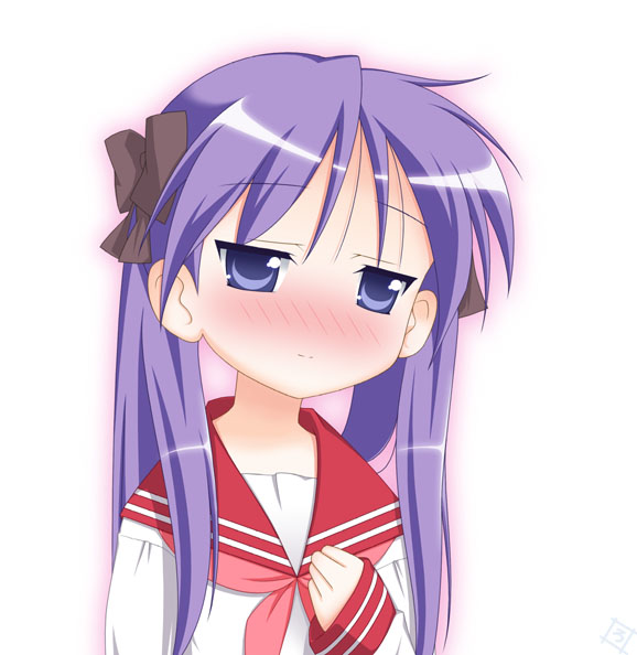 rodori gesu, hiiragi kagami, lucky star, 00s, 1girl, blush, female focus, hair ribbon, purple eyes, purple hair, ribbon, school uniform, serafuku, simple background, solo, tsurime, twintails