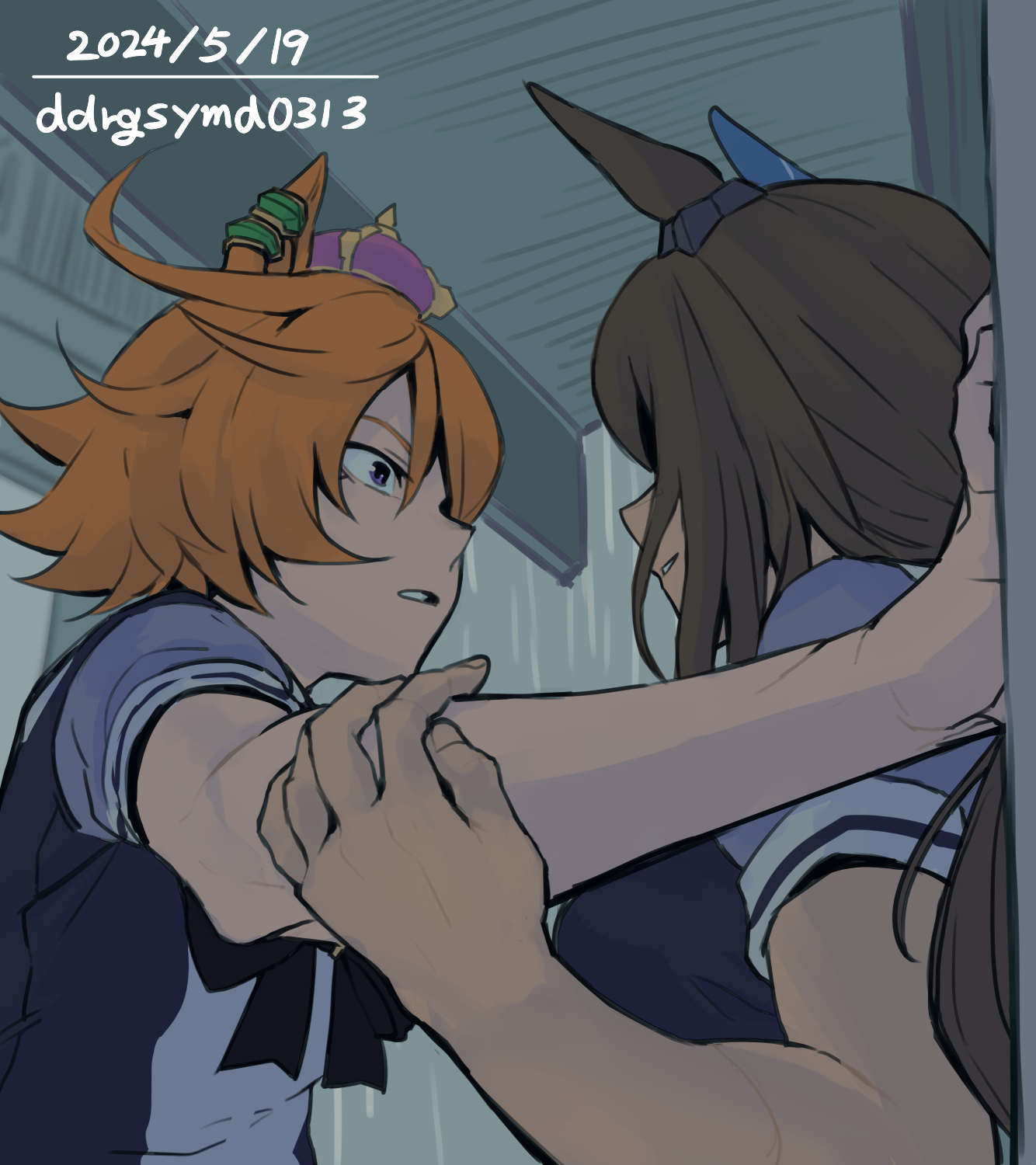 dogeyama um, admire vega (umamusume), t.m. opera o (umamusume), umamusume, highres, 2girls, animal ears, brown hair, crown, dated, ear covers, face-to-face, hand on another's arm, hand on wall, horse ears, kabedon, light smile, long hair, looking at another, multiple girls, orange hair, outdoors, parted lips, purple eyes, rain, school uniform, shirt, short hair, short sleeves, single ear cover, tracen school uniform, upper body, water