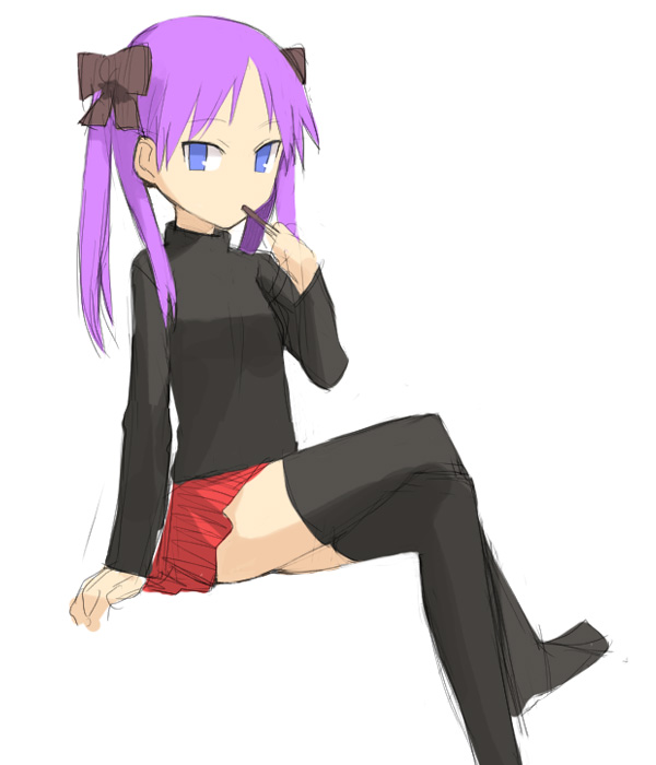 yu 65026, hiiragi kagami, lucky star, 00s, 1girl, blue eyes, dress, female focus, food, long sleeves, looking at viewer, pocky, purple hair, shirt, simple background, sitting, solo, thighhighs, white background, zettai ryouiki