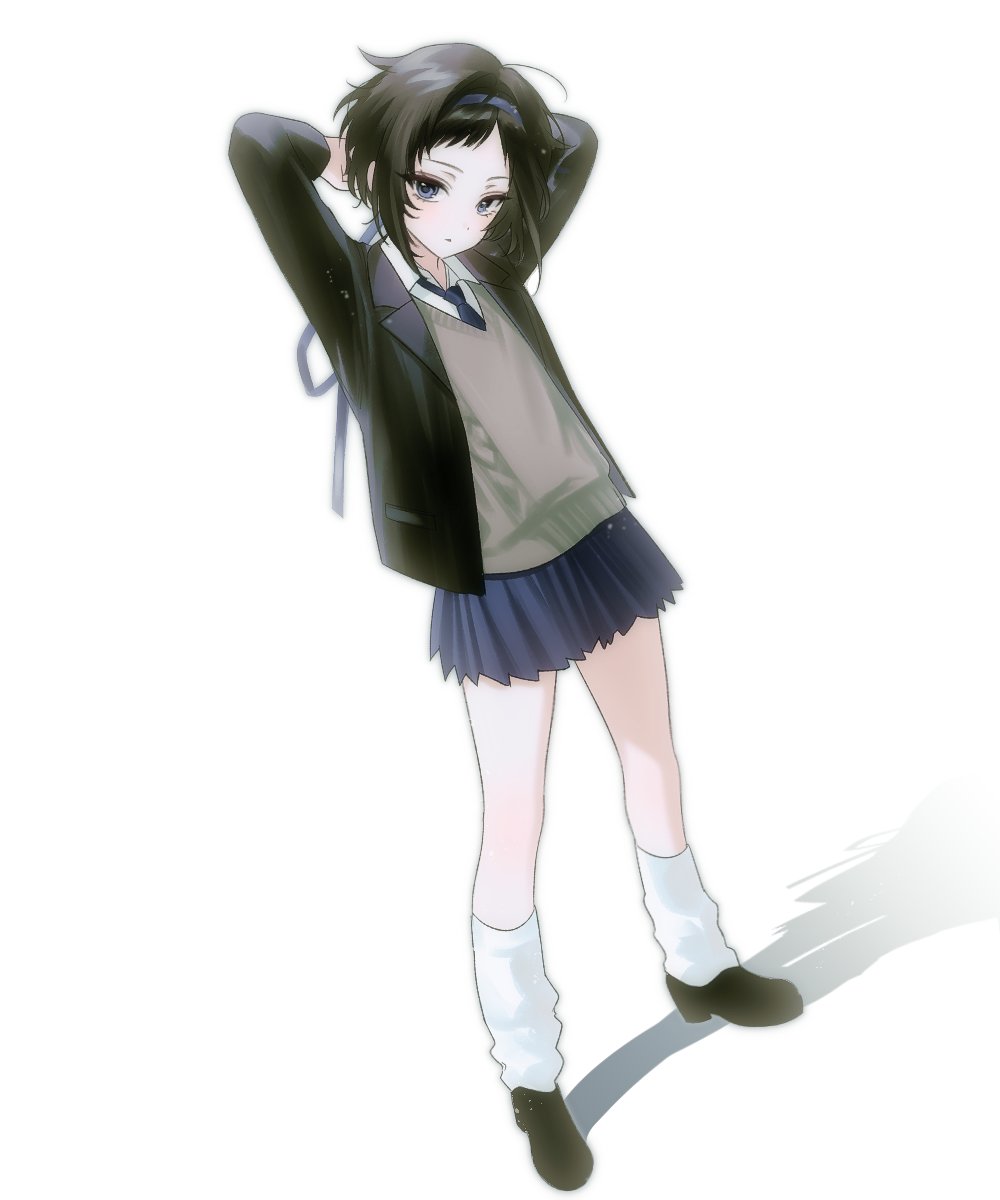 original, highres, 1girl, arms behind head, arms up, black hair, blush, full body, jacket, loafers, long sleeves, looking at viewer, loose socks, open clothes, open jacket, pleated skirt, school uniform, shirt, shoes, short hair, skirt, so seo, socks, solo, standing, sweater, sweater vest, white background