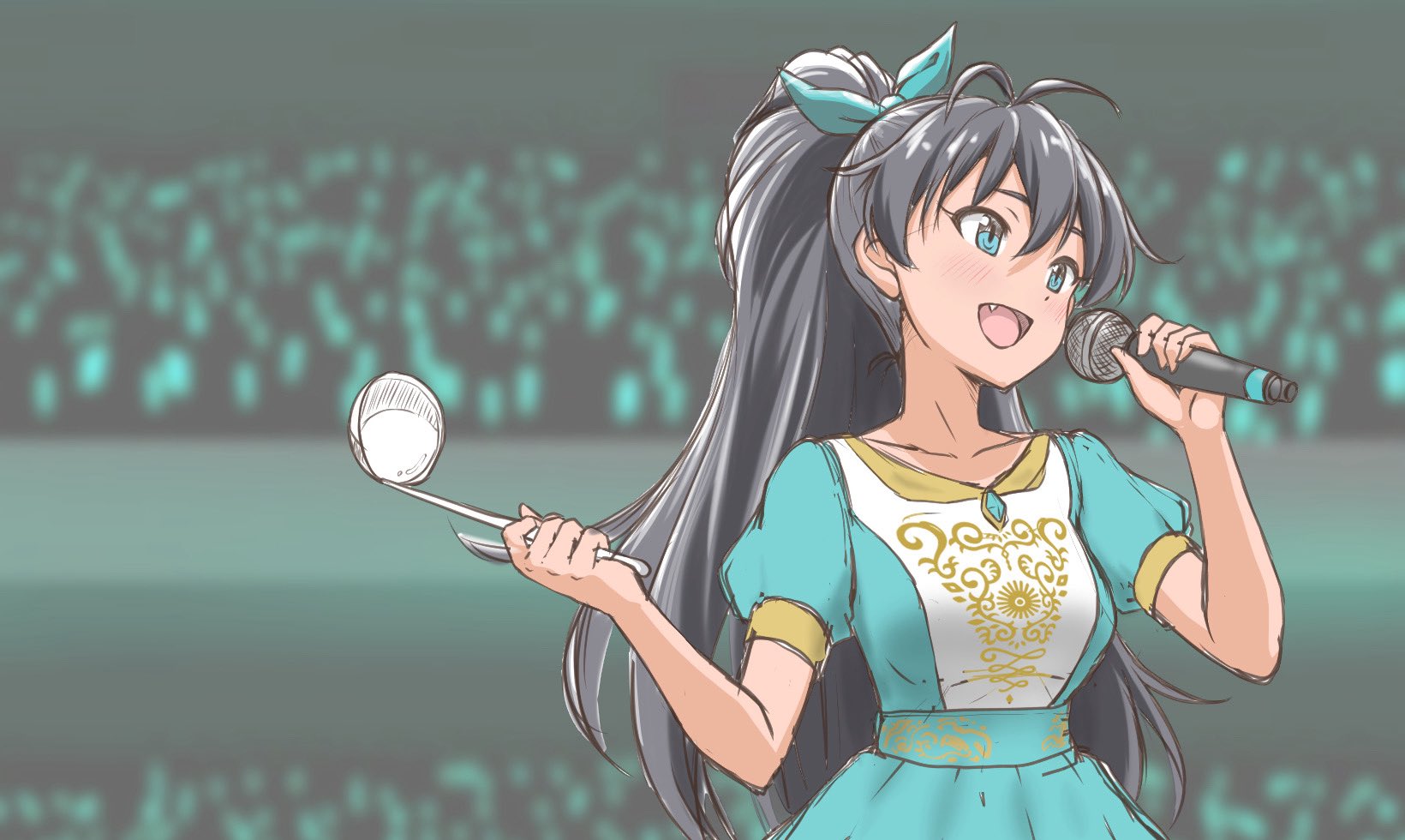 the end of chun, ganaha hibiki, idolmaster, idolmaster (classic), commentary request, highres, 1girl, antenna hair, aqua dress, aqua eyes, aqua ribbon, black hair, concert, dress, fang, hair ribbon, high ponytail, holding, holding ladle, holding microphone, idol, ladle, light blush, microphone, open mouth, ponytail, ribbon, short sleeves, solo, upper body