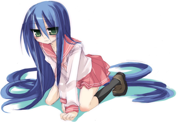sazaki ichiri, izumi konata, lucky star, 00s, :3, blue hair, blush, green eyes, long hair, school uniform, serafuku, solo, very long hair