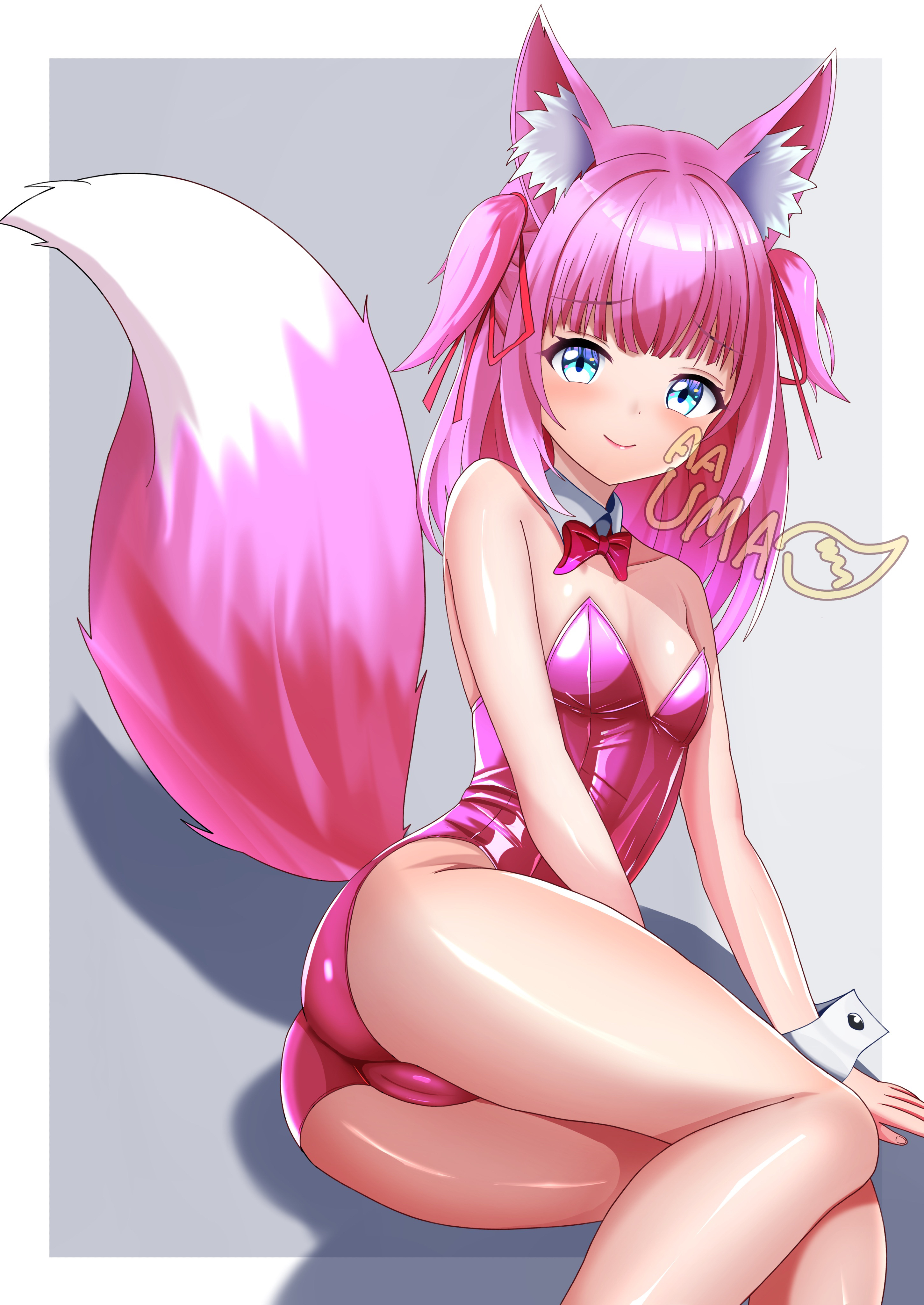 uma (uma mohumohu), original, absurdres, highres, 1girl, animal ear hairband, animal ears, blue eyes, bow, bowtie, breasts, bunny day, detached collar, fake animal ears, feet out of frame, fox ears, fox tail, grey background, hairband, leotard, lying, nontraditional playboy bunny, on side, pantyhose, pink hair, pink leotard, red bow, red bowtie, sitting, small breasts, smile, solo, strapless, strapless leotard, tail, two side up, wrist cuffs, yokozuwari