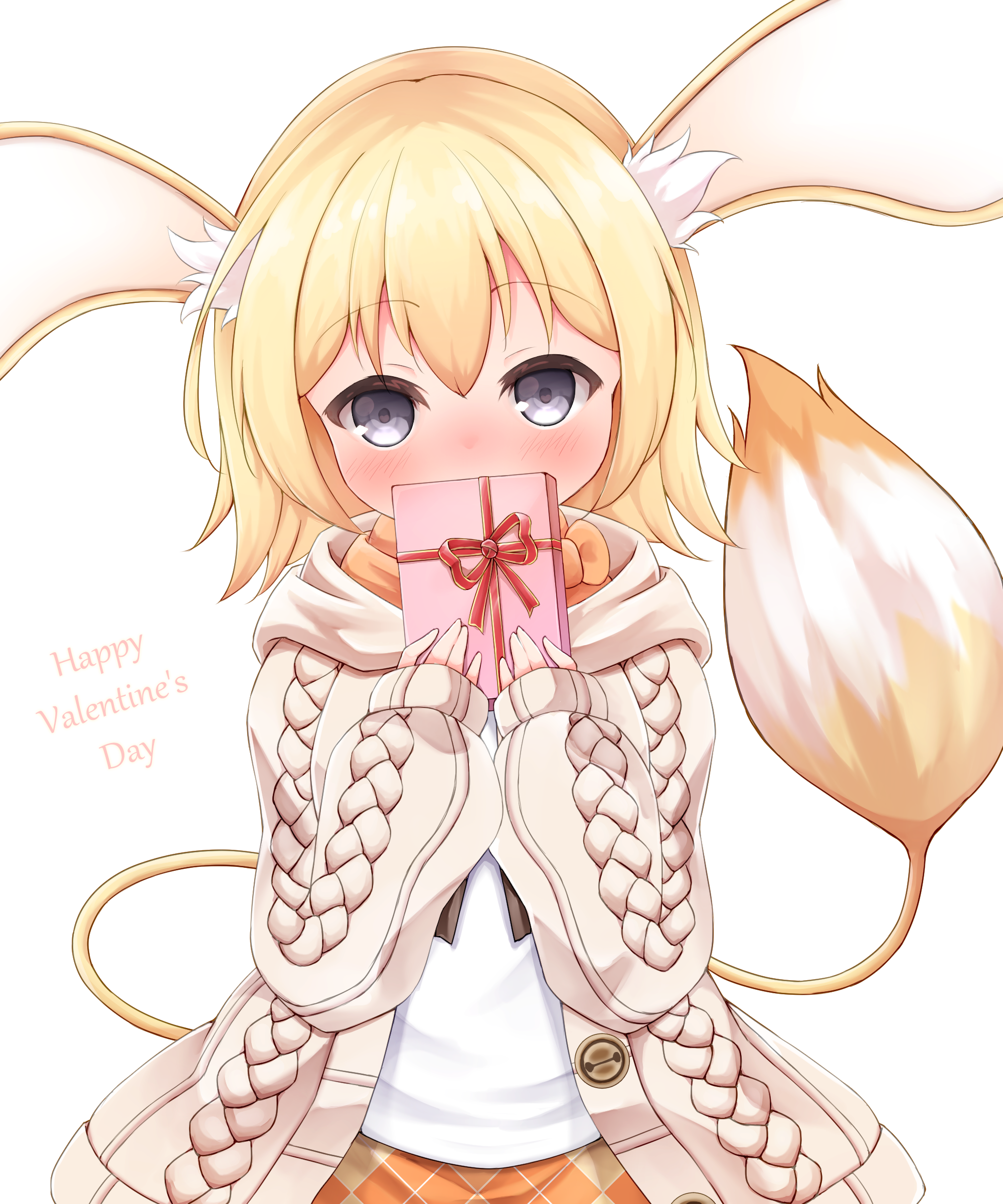 emil chronicle online, absurdres, highres, 1girl, animal ears, blonde hair, blush, gift, grey eyes, haneno hitsuji, holding, holding gift, jacket, looking at viewer, mouse ears, mouse girl, mouse tail, nose blush, orange scarf, orange skirt, sandrat alma, scarf, shirt, skirt, solo, tail, valentine, white background, white jacket, white shirt
