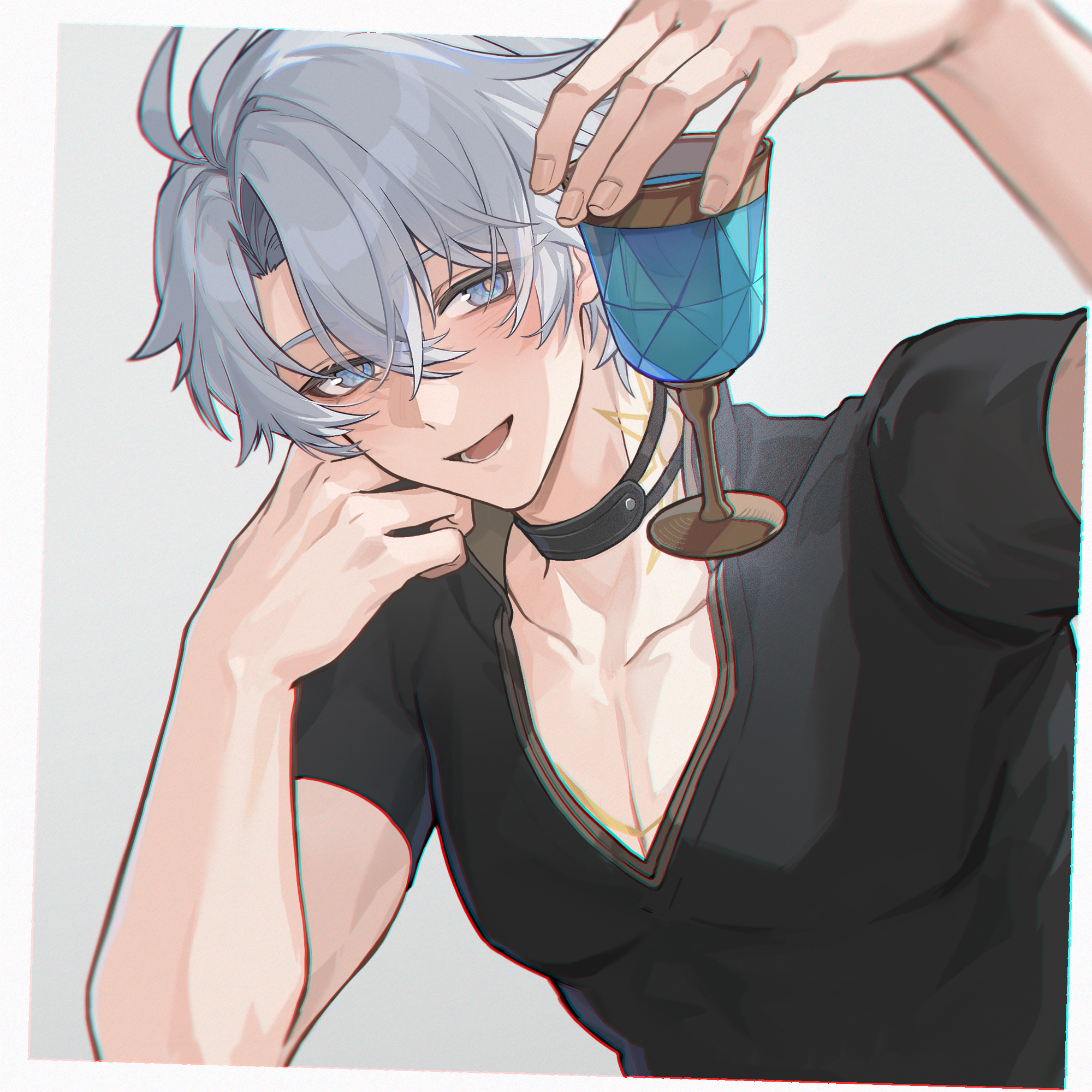 mujizi, phainon (honkai: star rail), honkai: star rail, honkai (series), commentary request, highres, 1boy, antenna hair, black choker, black shirt, blue eyes, blush, choker, cup, holding, holding cup, looking at viewer, male focus, neck tattoo, parted bangs, shirt, short hair, short sleeves, solo, sun symbol, sun tattoo, tan, tattoo, upper body, white hair