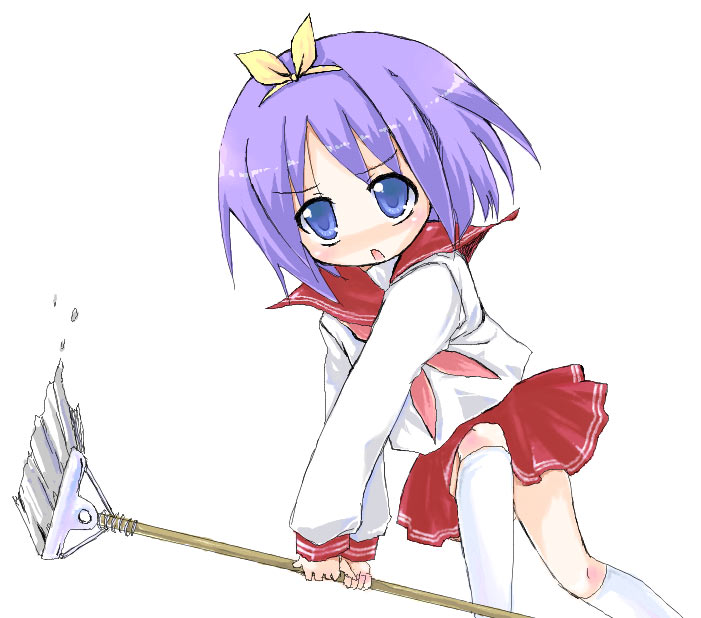 akino ochiba, hiiragi tsukasa, lucky star, 00s, 1girl, blue eyes, blush, female focus, hair ribbon, kneehighs, mop, open mouth, purple hair, ribbon, school uniform, serafuku, short hair, skirt, socks, solo