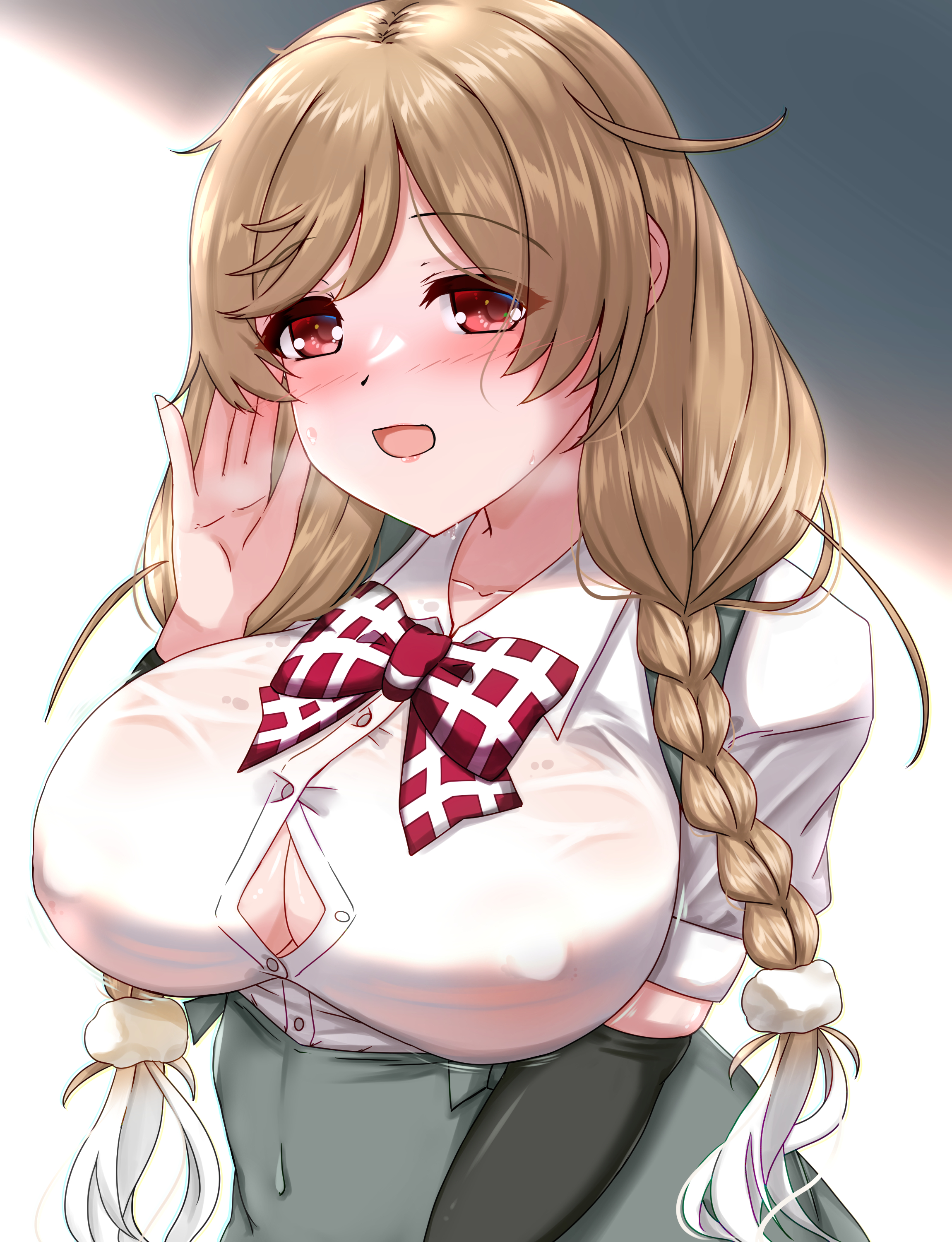 shigatsu (soratobuusagi), minegumo (kancolle), kantai collection, absurdres, highres, 1girl, braid, breasts, brown hair, cleavage, cleavage cutout, clothing cutout, collarbone, come hither, covered erect nipples, gradient hair, green skirt, large breasts, long hair, multicolored hair, open mouth, red eyes, shirt, skirt, smile, solo, twin braids, two-tone hair, white hair, white shirt