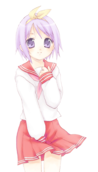 usashiro mani, hiiragi tsukasa, lucky star, 00s, 1girl, blush, female focus, looking at viewer, pink hair, pleated skirt, purple eyes, red skirt, sailor collar, school uniform, serafuku, shirt, short hair, simple background, skirt, smile, solo, white background, white shirt