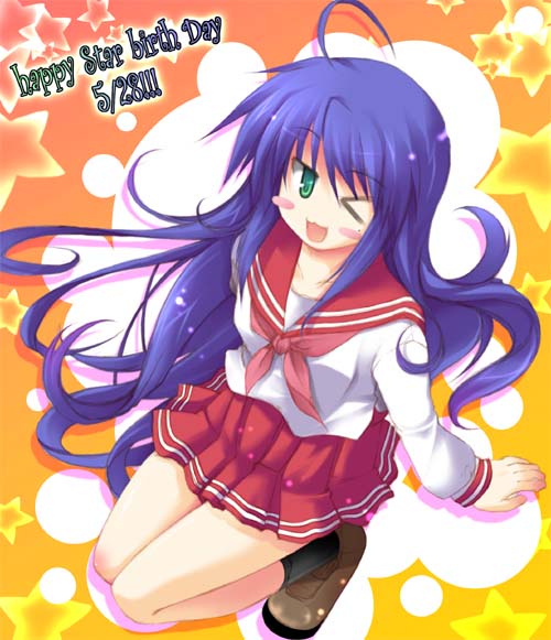 utsurogi angu, izumi konata, lucky star, 00s, 1girl, black socks, blue hair, blush, bow, brown shoes, dress, english text, female focus, green eyes, long hair, mole, mole under eye, one eye closed, open mouth, red bow, red skirt, sailor dress, school uniform, serafuku, shoes, skirt, socks, solo
