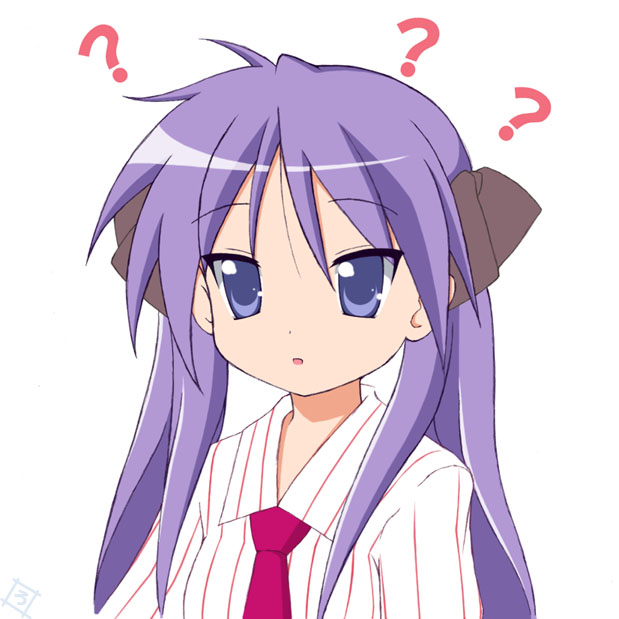 rodori gesu, hiiragi kagami, lucky star, 00s, 1girl, ?, confused, female focus, hair ribbon, long hair, necktie, purple eyes, purple hair, ribbon, shirt, simple background, solo, striped clothes, striped shirt, tsurime, twintails