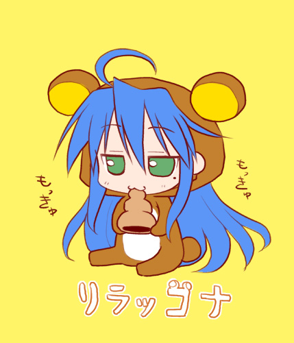 misooden, izumi konata, rilakkuma, lucky star, san-x, lowres, 00s, 1girl, animal onesie, chibi, chibi only, chocolate cornet, cornet (food), female focus, food, mole, mole under eye, solo