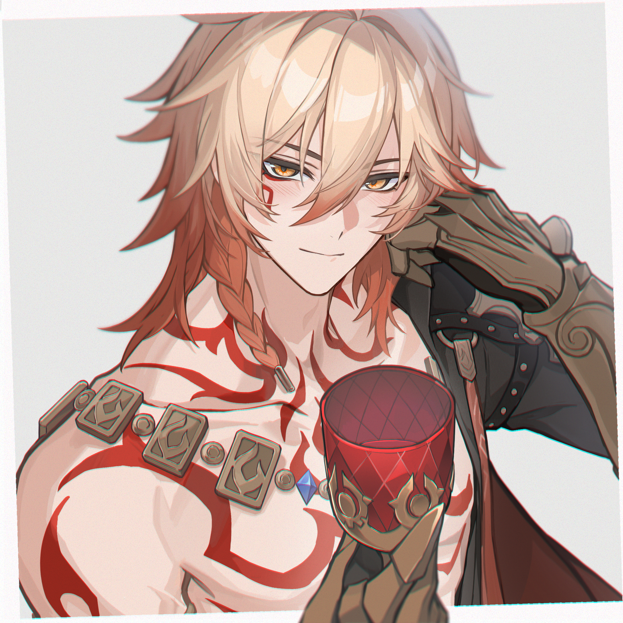 mujizi, mydei (honkai: star rail), honkai: star rail, honkai (series), commentary request, highres, 1boy, arm tattoo, armor, black coat, blonde hair, blush, braid, chest tattoo, clawed gauntlets, coat, cup, earrings, facial tattoo, gold earrings, gold necklace, gradient hair, hair between eyes, head rest, holding, holding cup, jewelry, looking at viewer, male focus, medium hair, multicolored hair, necklace, open clothes, open coat, pauldrons, red hair, red tattoo, shoulder armor, side braid, single pauldron, solo, tattoo, upper body, yellow eyes