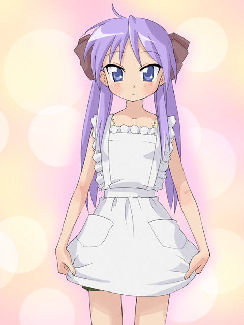 takahashi ren, hiiragi kagami, lucky star, 00s, apron, blush, cowboy shot, hair ribbon, long hair, naked apron, pocket, ribbon, solo, twintails
