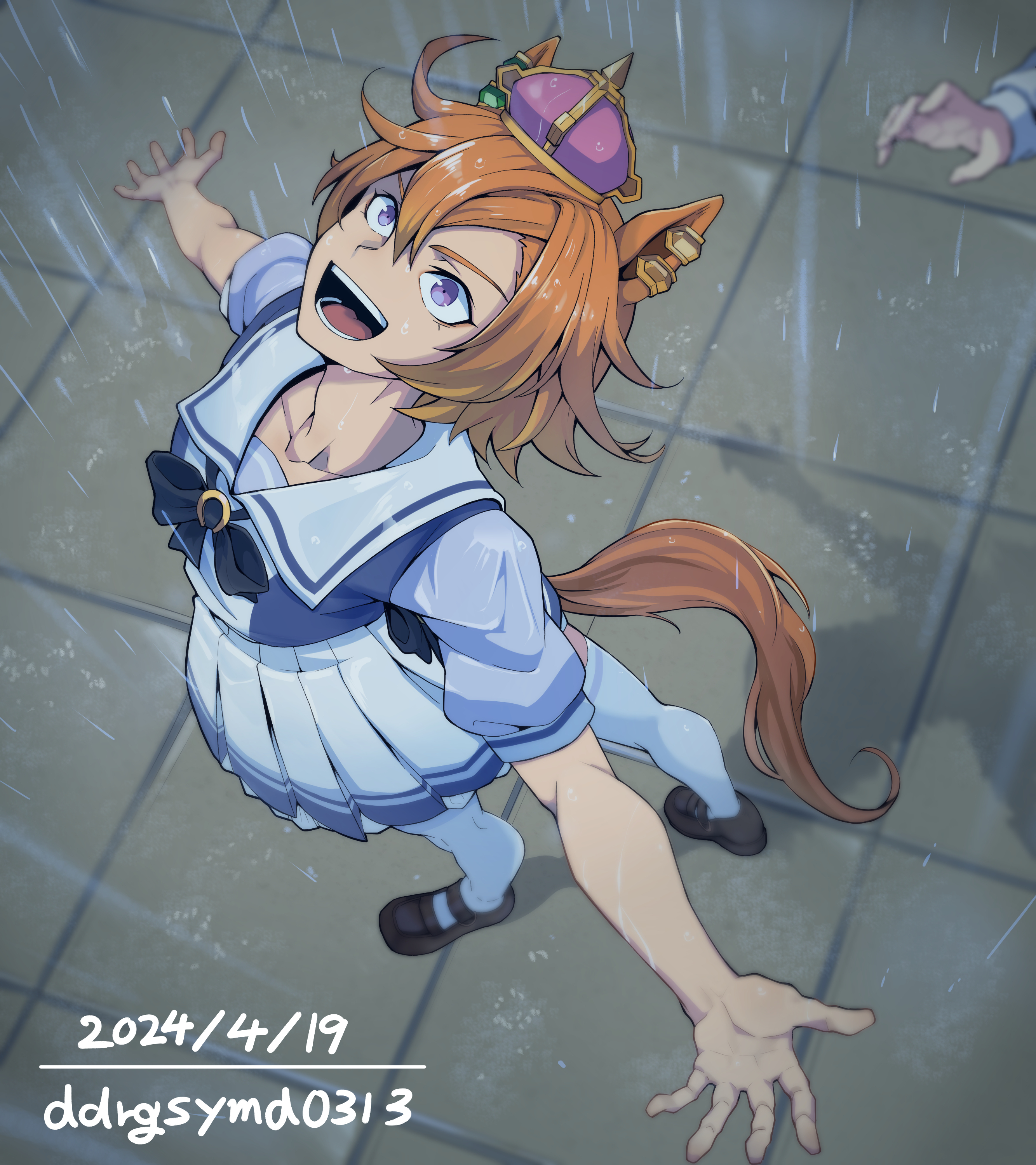 dogeyama um, t.m. opera o (umamusume), umamusume, absurdres, highres, 1girl, 1other, animal ears, black shoes, crown, dated, ear ornament, from above, full body, hair between eyes, horse ears, horse girl, horse tail, jewelry, looking up, messy hair, miniskirt, open mouth, orange hair, outdoors, outstretched arms, pleated skirt, purple eyes, rain, school uniform, shirt, shoes, short hair, short sleeves, skirt, smile, solo focus, spread arms, spread fingers, standing, tail, thighhighs, tracen school uniform, water, wet, wet clothes, wet face, wet hair, white thighhighs