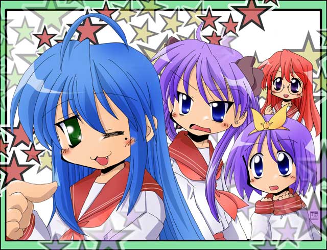 miyuyun, hiiragi kagami, hiiragi tsukasa, izumi konata, takara miyuki, lucky star, 00s, 4girls, blue eyes, blue hair, blush, bow, dress, glasses, goggles, green eyes, long hair, mole, mole under eye, multiple girls, one eye closed, open mouth, purple eyes, purple hair, red hair, sailor dress, school uniform, serafuku, short hair, siblings, sisters, star (symbol), star symbol background, teeth, twins, yellow bow