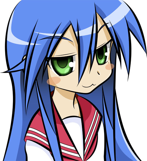 gofu, izumi konata, lucky star, 00s, 1girl, :3, blue hair, blush, female focus, green eyes, mole, mole under eye, school uniform, serafuku, solo