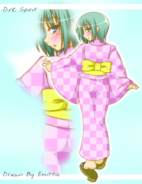 emitti, iwasaki minami, lucky star, tagme, 00s, 1girl, blue eyes, blush, green hair, japanese clothes, kimono, looking at viewer, looking back, sandals, short hair, zoom layer