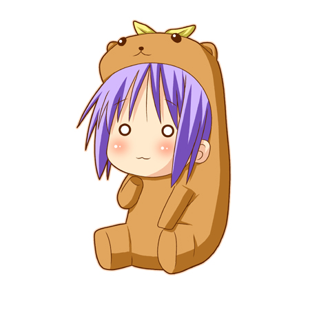 minami (colorful palette), bear tsukasa, capybara-san, hiiragi tsukasa, lucky star, lowres, 00s, 1girl, :3, animal costume, bear costume, chibi, female focus, o o, purple hair, short hair, simple background, sitting, solo