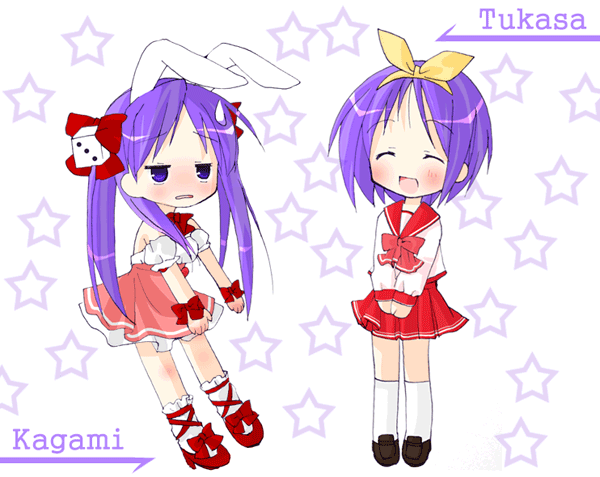 hiiragi kagami, hiiragi tsukasa, lucky star, 00s, 2girls, animal ears, multiple girls, rabbit ears, school uniform, serafuku, sisters, smile, twins