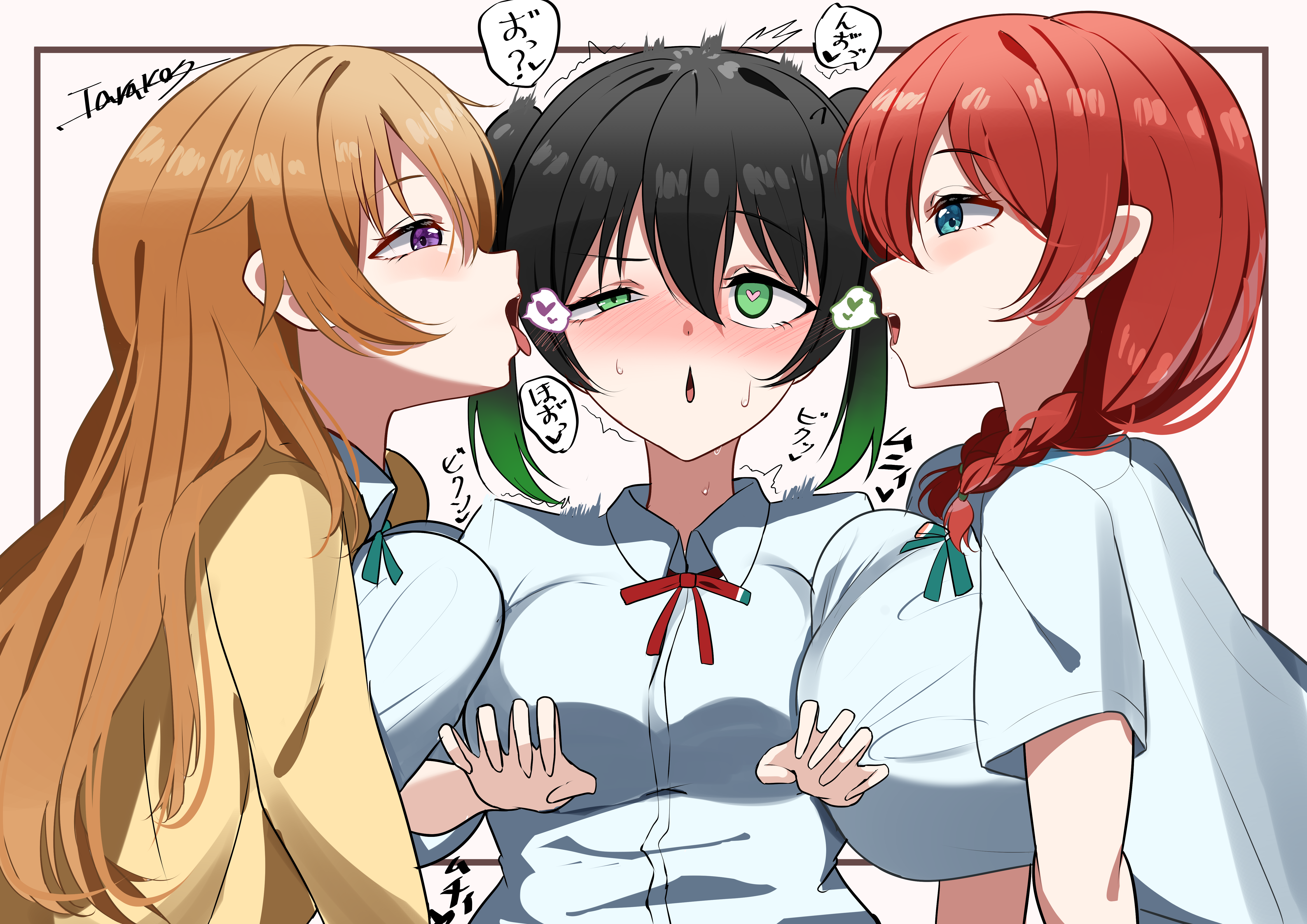 tarakon, emma verde, konoe kanata, takasaki yu, love live!, love live! nijigasaki high school idol club, absurdres, highres, 3girls, black hair, blue shirt, braid, breast press, breasts, brown hair, gradient hair, green eyes, green hair, heart, heart-shaped pupils, large breasts, long hair, low twin braids, multicolored hair, multiple girls, nijigasaki school uniform, open mouth, purple eyes, school uniform, shirt, short sleeves, sidelocks, spoken heart, symbol-shaped pupils, tongue, tongue out, twin braids, twintails, two-tone hair, upper body, yuri