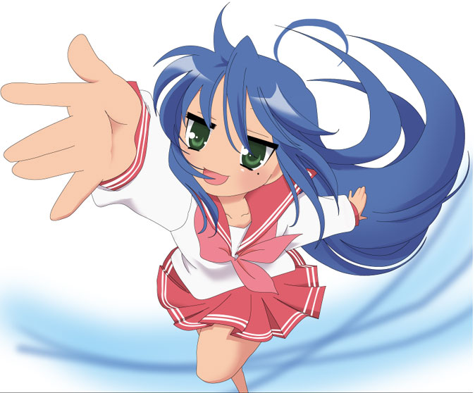 karamiti, izumi konata, lucky star, 00s, 1girl, :d, arm up, female focus, long sleeves, mole, mole under eye, neckerchief, open mouth, outstretched arm, pink neckerchief, pleated skirt, red skirt, sailor collar, school uniform, serafuku, simple background, skirt, smile, solo, white background