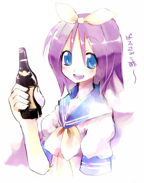 kei (keigarou), hiiragi tsukasa, lucky star, 00s, 1girl, :d, bad anatomy, balsamic vinegar, blue eyes, bottle, female focus, hair between eyes, holding, holding bottle, looking at viewer, looking back, open mouth, pink hair, round teeth, school uniform, serafuku, short hair, short sleeves, sketch, smile, solo, tareme, teeth, upper body
