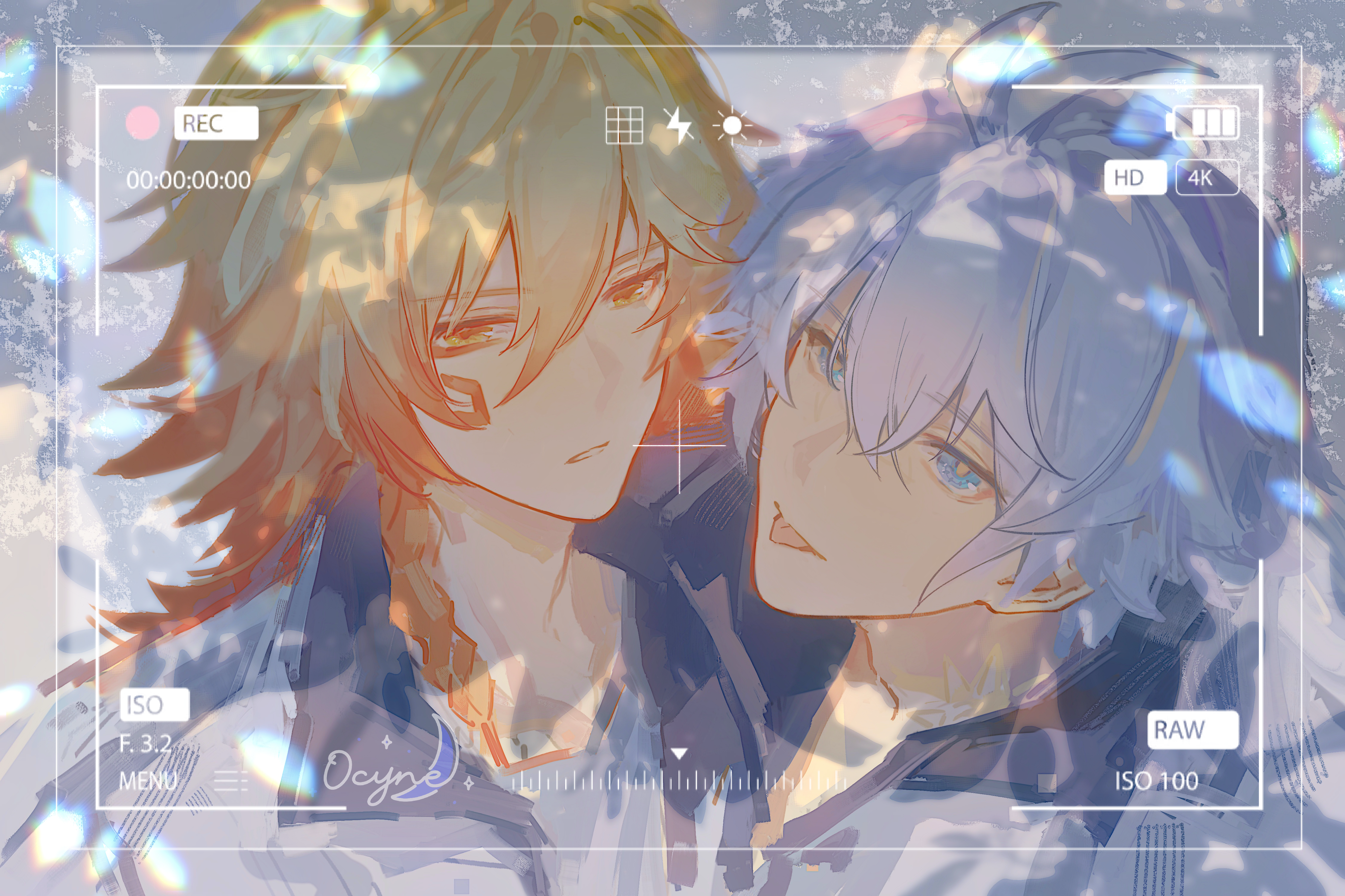 yuqiu777, mydei (honkai: star rail), phainon (honkai: star rail), honkai: star rail, honkai (series), absurdres, chinese commentary, commentary request, highres, 2boys, antenna hair, artist name, black shirt, blonde hair, blue eyes, braid, collared shirt, facial tattoo, gradient hair, hair between eyes, male focus, medium hair, multicolored hair, multiple boys, red hair, red tattoo, shirt, short hair, side braid, tattoo, tongue, tongue out, viewfinder, white hair, yellow eyes