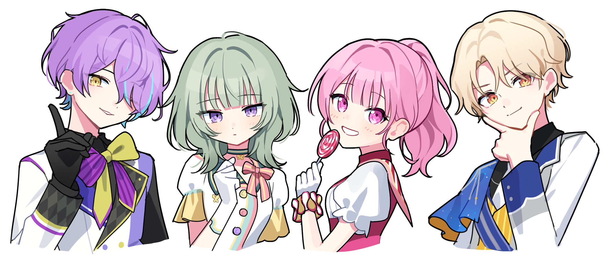 waka (wk4444), kamishiro rui, kusanagi nene, ootori emu, tenma tsukasa, project sekai, commentary request, highres, 2boys, 2girls, black gloves, blonde hair, blue choker, blue hair, blunt bangs, blush, bow, bowtie, candy, choker, closed mouth, cropped torso, dress, food, gloves, green hair, grin, hair over one eye, hand on own chin, hand up, holding, holding candy, holding food, holding lollipop, jacket, lollipop, long hair, looking at viewer, multicolored hair, multiple boys, multiple girls, orange eyes, parted bangs, parted lips, pink eyes, pink hair, purple bow, purple bowtie, purple eyes, purple hair, red shirt, shirt, short hair, short sleeves, simple background, smile, streaked hair, swirl lollipop, two-tone bow, two-tone bowtie, two-tone hair, white background, white dress, white gloves, white jacket, yellow bow, yellow bowtie, yellow eyes