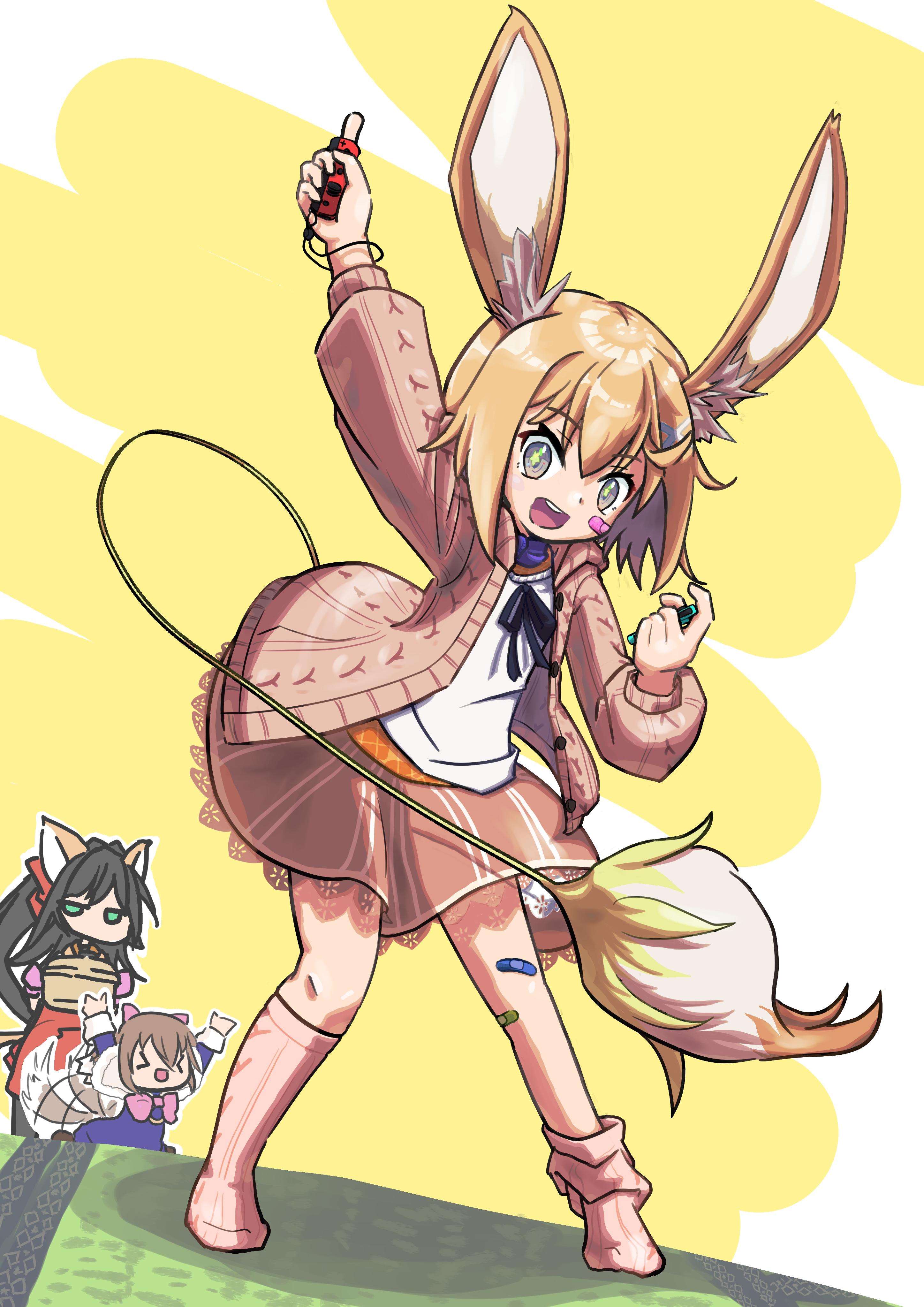 balulu alma, bow alma, emil chronicle online, absurdres, highres, 3girls, animal ears, bandaid, bandaid on face, bandaid on leg, black ribbon, blonde hair, breasts, brown skirt, controller, frolyflow2, game controller, holding, holding controller, holding game controller, jacket, mouse ears, mouse girl, mouse tail, multiple girls, open mouth, orange jacket, orange socks, ribbon, sandrat alma, shirt, skirt, small breasts, socks, tail, white shirt, yellow background, yellow eyes