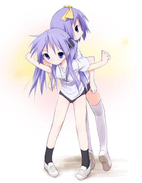 kuroba u, hiiragi kagami, hiiragi tsukasa, lucky star, 00s, 2girls, back-to-back, buruma, closed mouth, gym uniform, locked arms, multiple girls, shoes, siblings, sisters, socks, standing, thighhighs, twins, white thighhighs