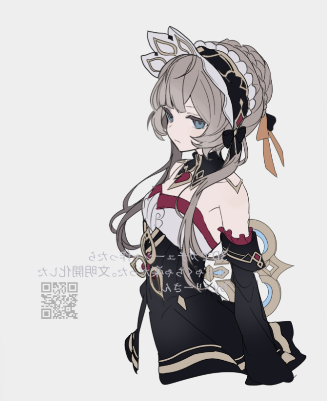 merry-san, sandrone (genshin impact), genshin impact, translation request, 1girl, black dress, black hairband, blue eyes, detached collar, detached sleeves, dress, grey background, grey hair, hairband, long hair, long sleeves, looking at viewer, qr code, simple background, solo, strapless, strapless dress, two-tone dress, white dress