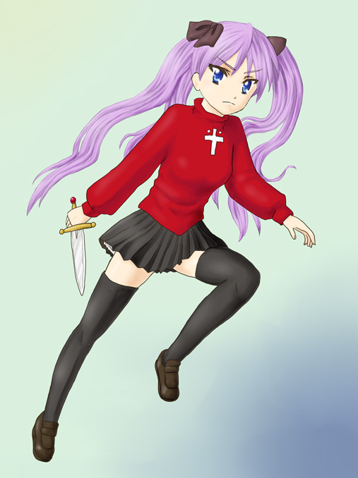 hiiragi kagami, tohsaka rin, fate/stay night, fate (series), lucky star, blue eyes, bow, cosplay, crossover, dagger, knife, purple hair, ribbon, thighhighs, tohsaka rin (cosplay), weapon