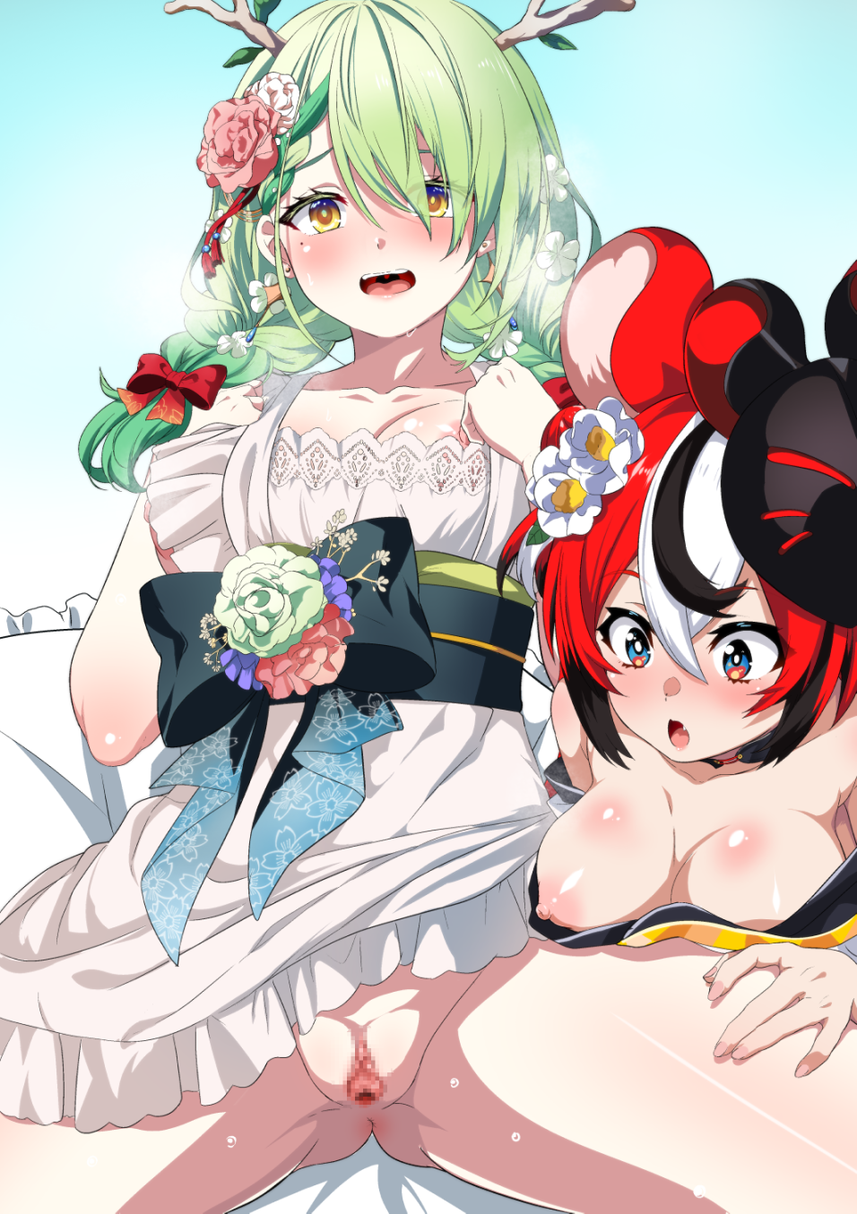 fuyumi kazuki, ceres fauna, ceres fauna (new year), hakos baelz, hakos baelz (new year), hololive, hololive english, highres, 2girls, animal ears, antlers, black hair, blue eyes, blush, braid, breasts, censored, detached sleeves, floral print, flower, green hair, hair flower, hair ornament, horns, japanese clothes, kimono, large breasts, long hair, mask, mask on head, mole, mole under eye, mosaic censoring, mouse ears, mouse girl, mouse mask, multicolored hair, multiple girls, nipple slip, nipples, official alternate costume, open mouth, pussy, red hair, streaked hair, sweat, virtual youtuber, white hair, yellow eyes