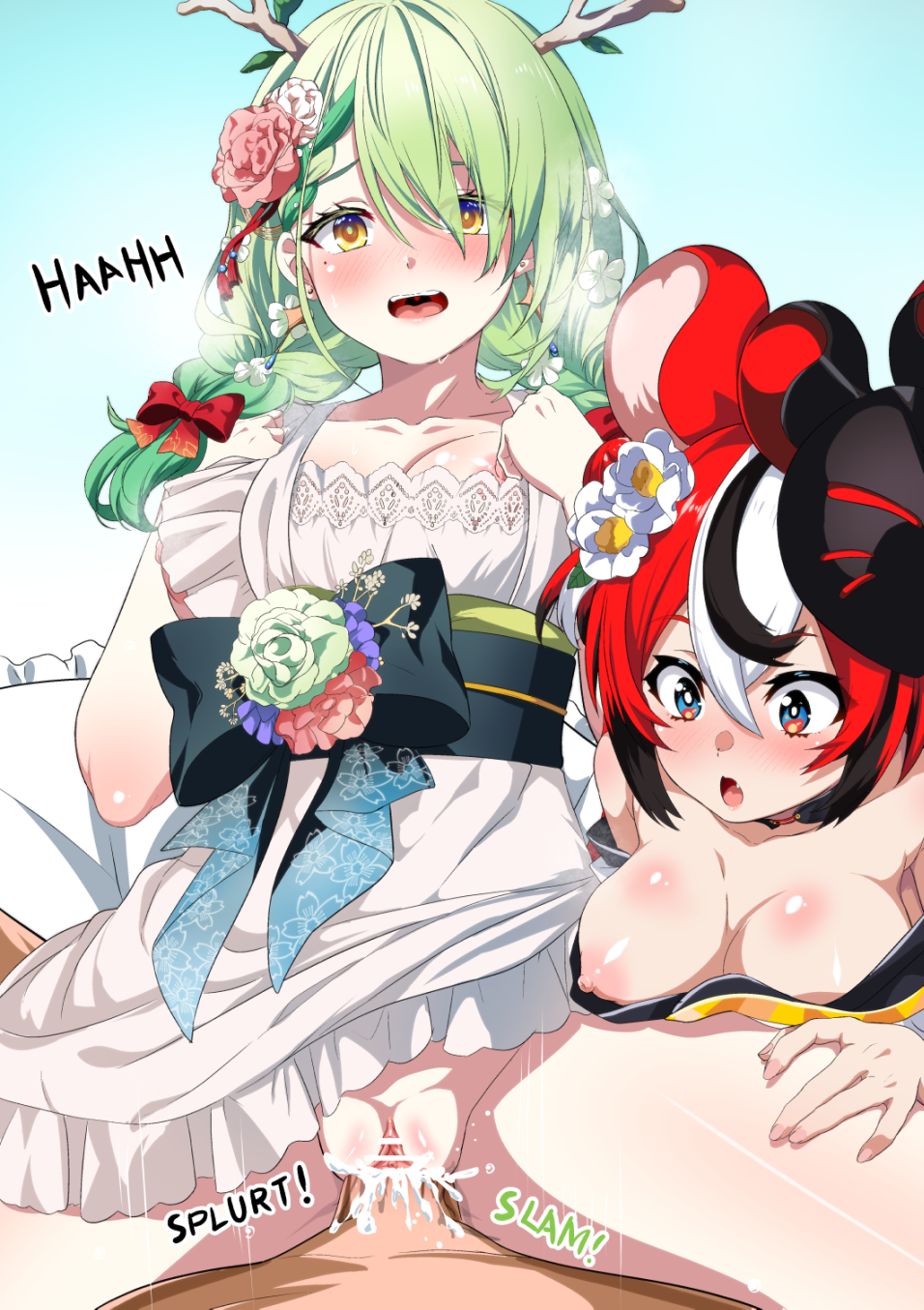 fuyumi kazuki, ceres fauna, ceres fauna (new year), hakos baelz, hakos baelz (new year), hololive, hololive english, commentary, english commentary, highres, 1boy, 2girls, animal ears, antlers, bar censor, black hair, blue eyes, blush, braid, breasts, censored, clothed sex, cowgirl position, cum, cum in pussy, cum overflow, detached sleeves, floral print, flower, girl on top, green hair, hair flower, hair ornament, hetero, horns, japanese clothes, kimono, large breasts, long hair, mask, mask on head, mole, mole under eye, mouse ears, mouse girl, mouse mask, multicolored hair, multiple girls, nipple slip, nipples, official alternate costume, open mouth, penis, pussy, red hair, sex, short hair, straddling, streaked hair, sweat, vaginal, virtual youtuber, white hair, yellow eyes